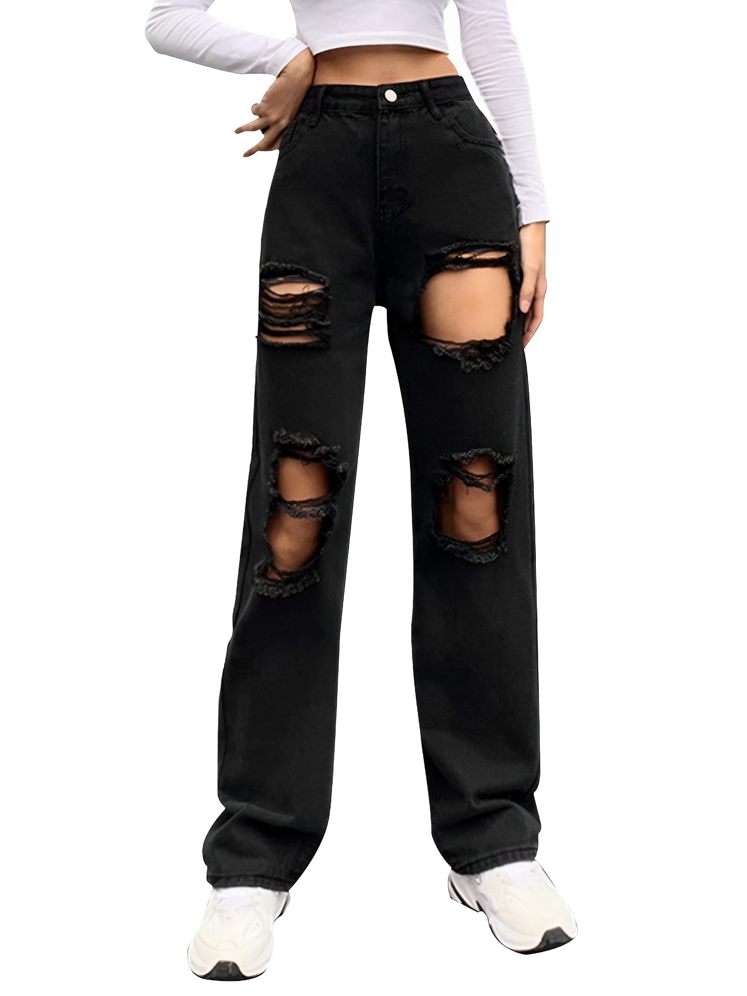 Genleck Women's High Waist Loose Ripped Boyfriend Jeans - Distressed Baggy Wide Leg Denim Pants for Casual Wear, Street Style & Y2K Fashion | Perfect for Everyday Outfits, Parties & Vintage Looks