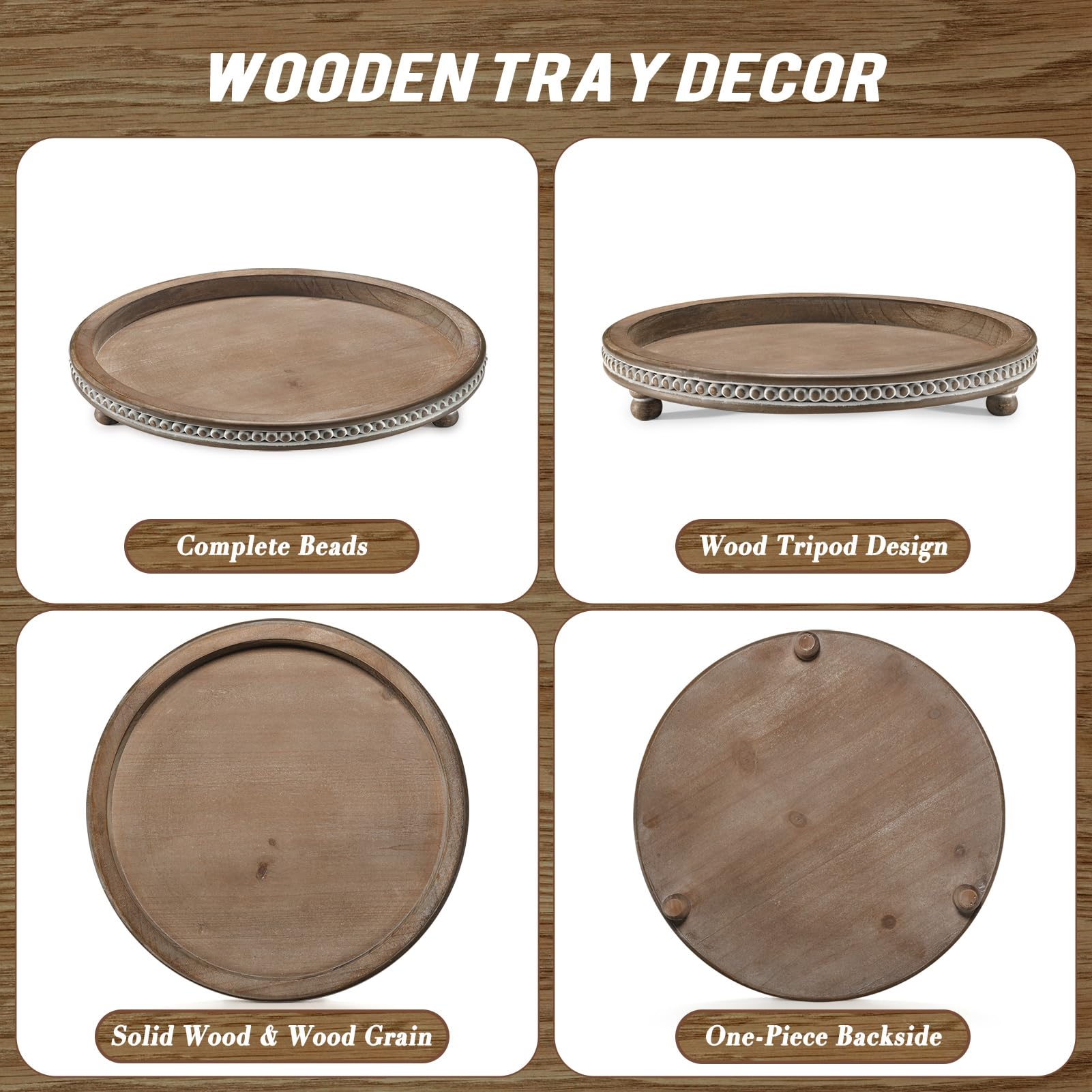 Handmade Wooden Serving Tray - Small Beaded Round Coffee Table Tray in Warm Brown - Decorative Tray for Coffee, Dining Room, Entryway & Living Room - Perfect for Serving Drinks, Displaying Decor & Organizing Essentials
