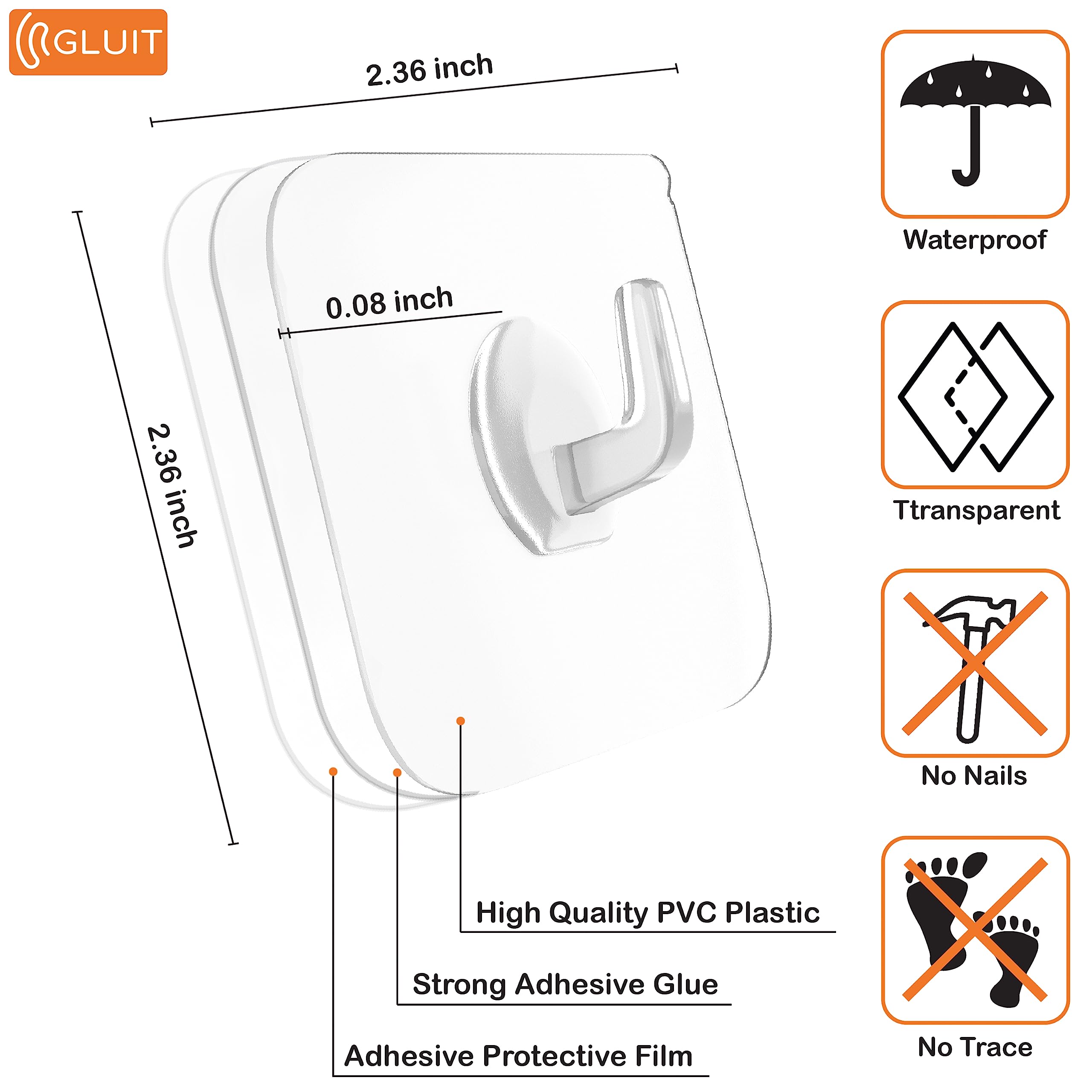 GLUIT Adhesive Plastic Clear Hooks - 12 Pack Transparent No Drill Wall Hooks for Home, Office & Bathroom Organization