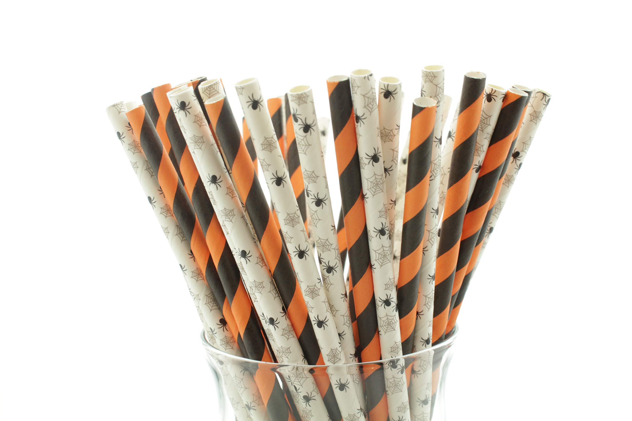 Halloween Spider & Stripes Paper Straws 50 Pack - Black & Orange Spooky Spider Print Party Supplies for Halloween Decorations, Themed Parties & Events