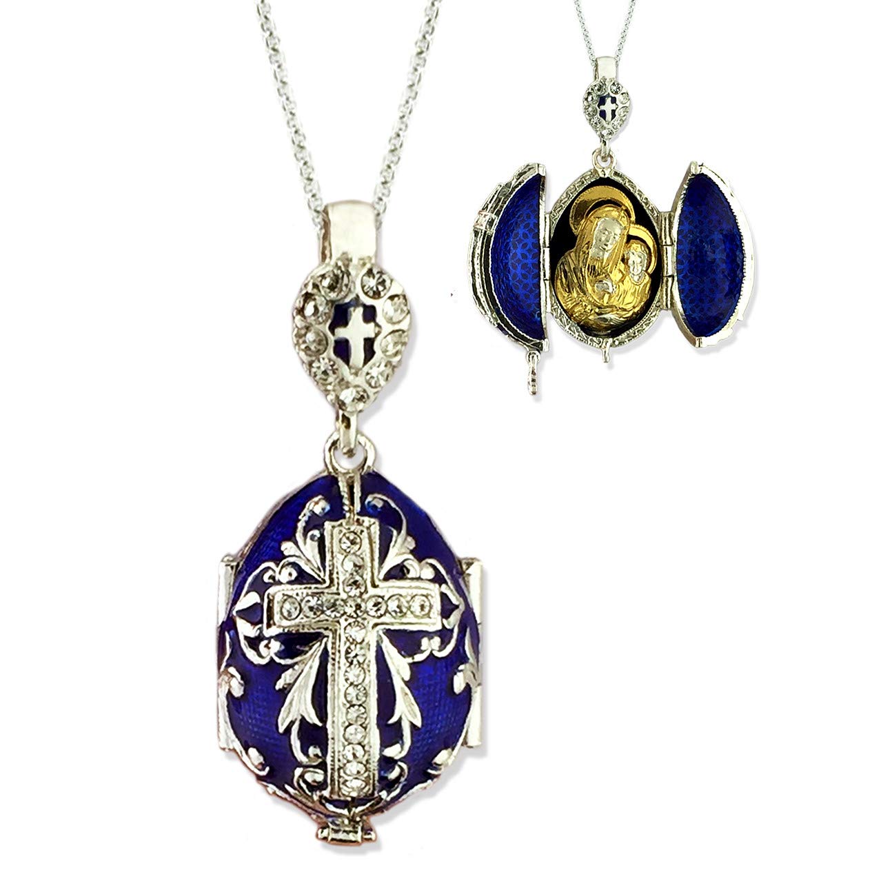 Religious Enamel Silver Faberge Style Egg Pendant - Gold Plated Locked Necklace for Women, Gift for Baptism, First Communion & Easter - Elegant Christian Jewelry for Special Occasions