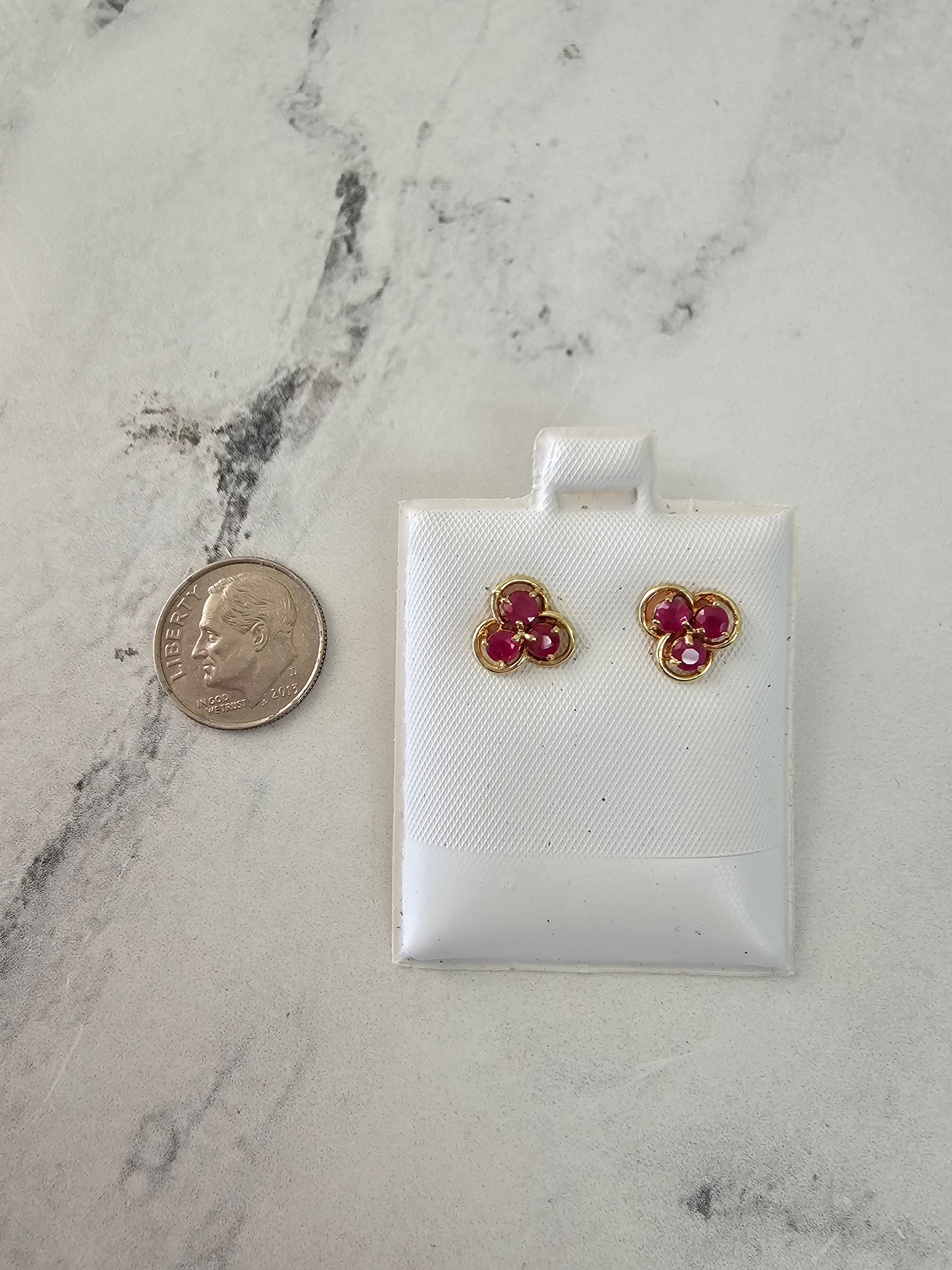 14K Yellow Gold Three Stone Ruby Stud Earrings – Elegant Jewelry for Women, Perfect for Weddings, Parties & Special Occasions
