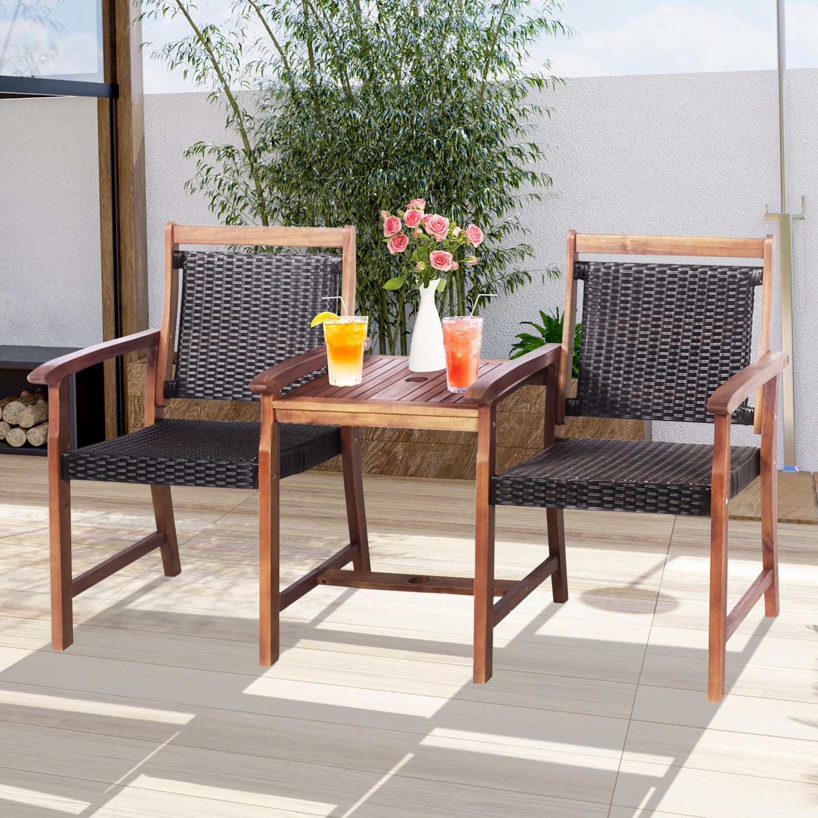 **Tangkula Acacia Wood Garden Bench Set - 2-Seater Patio Loveseat with Rattan Design, Coffee Table & Parasol Hole - Outdoor Conversation Furniture for Backyard, Poolside, Balcony, Deck (Brown) | Perfect for Relaxing, Entertaining & Enjoying Nature**