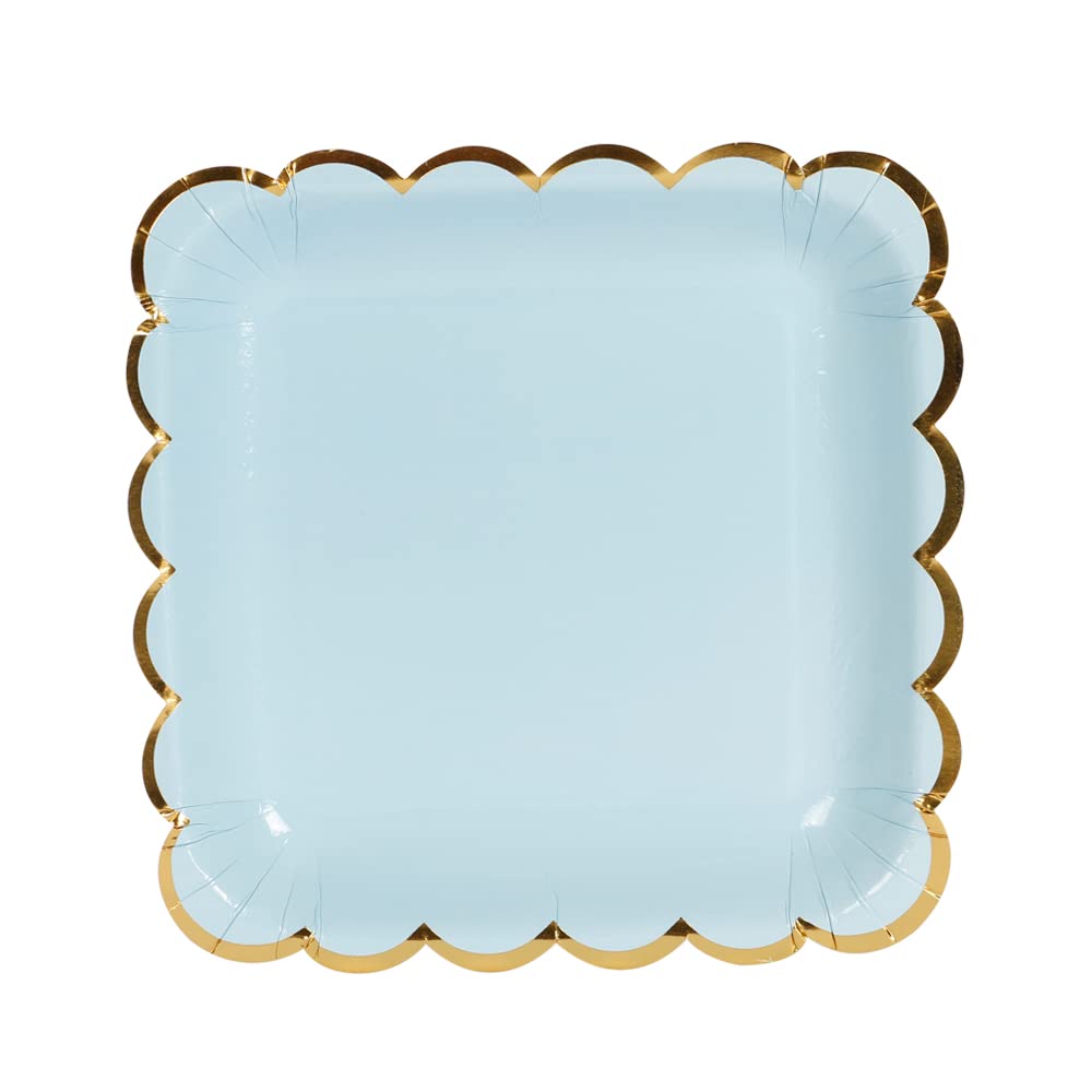 Geeklife 7 Inch Disposable Blue Square Paper Plates with Sparkly Gold Foil Border - 20 Pack Elegant Party Dinnerware for Birthday, Wedding, Baby Shower & Holiday Celebrations