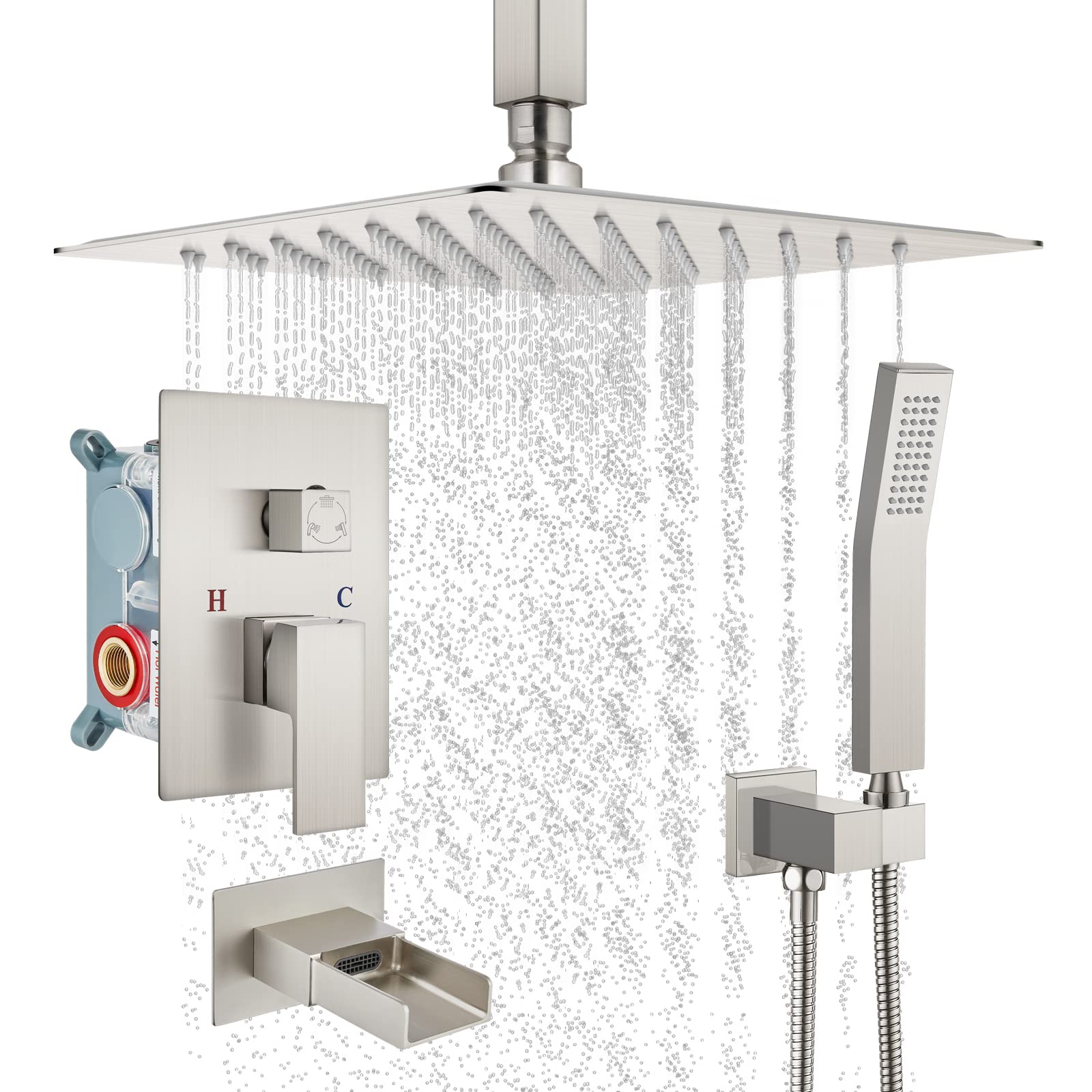 12 Inch Brushed Nickel Rainfall Shower Head with Handheld Spray & Waterfall Tub Spout - 3 Function Mixer Shower Faucet Combo Set for Bathroom Ceiling Mount | Perfect for Luxurious Spa-Like Experience and Modern Home Renovation