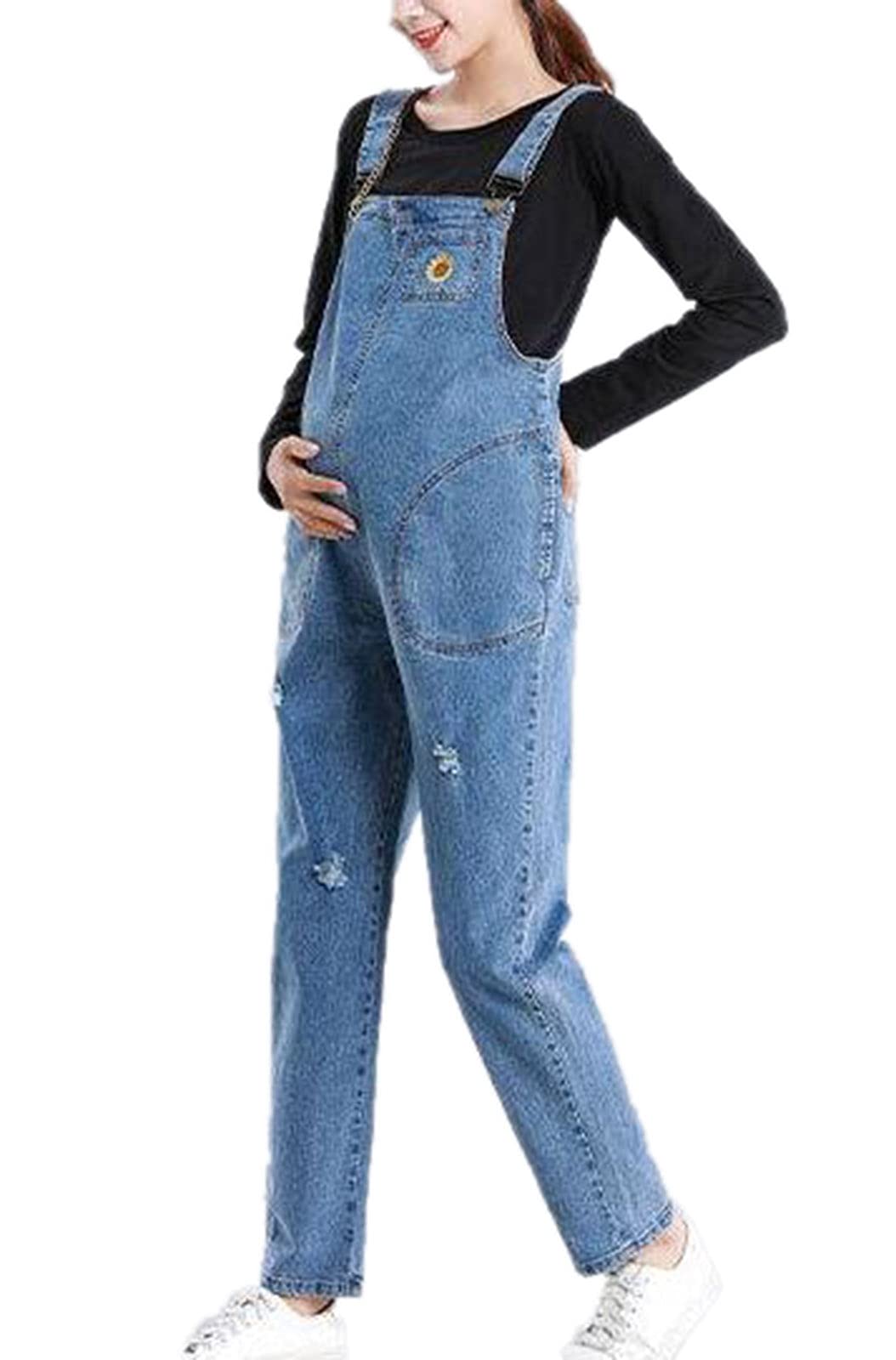 Suncolour Maternity Overalls - Adjustable Denim Jumpsuit for Pregnant Women with Ripped Design & Waistband - Perfect for Casual Wear, Pregnancy Photos & Everyday Comfort