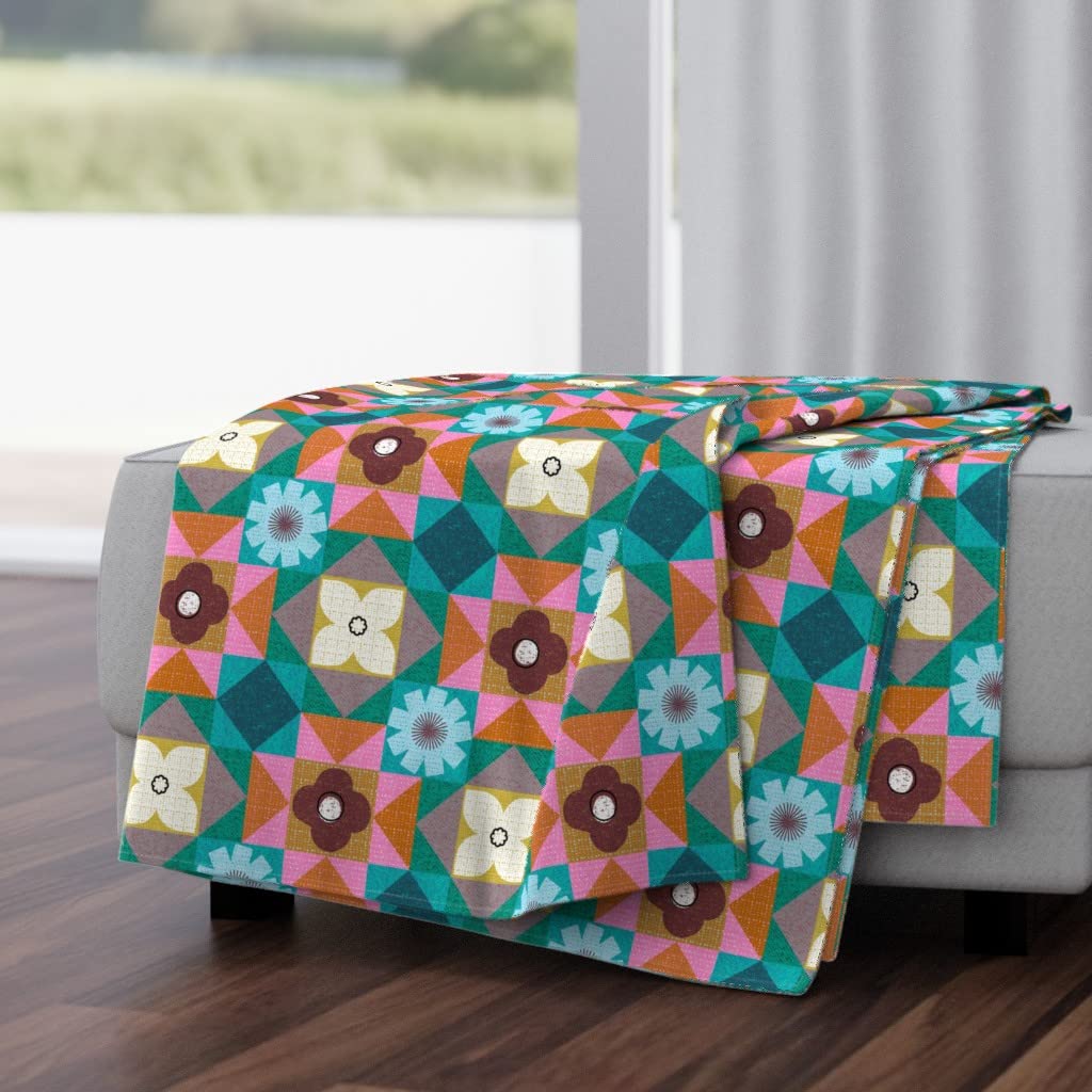 Luxe Velvet Throw Blanket 50x70 Inches - Geometric Diamond Moroccan Pattern in Pink & Teal | Soft Folk Art Square Print Blanket for Sofa, Bed & Home Decor | Cozy Gift for Women & Men