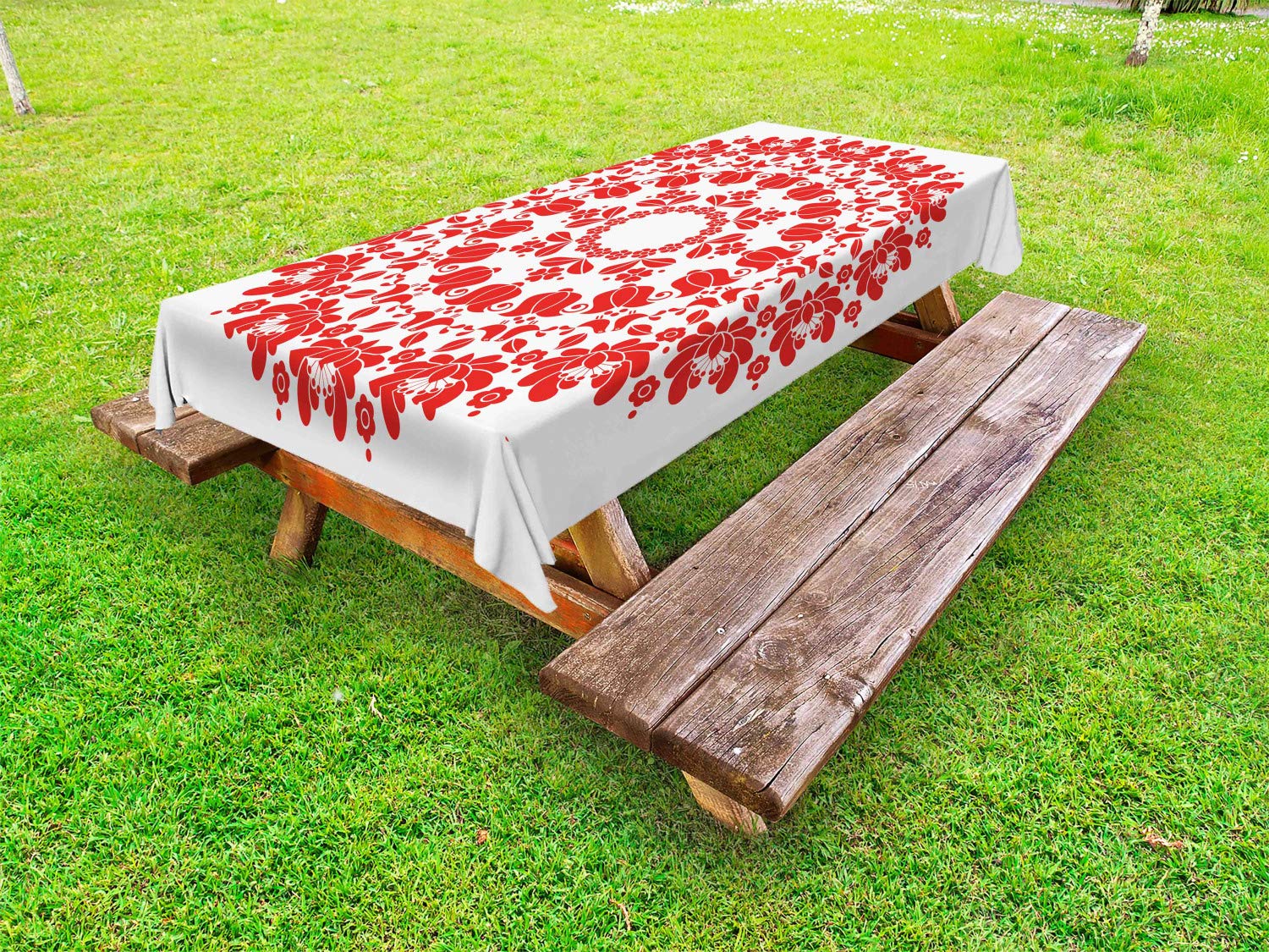 Ambesonne Orange Mandala Outdoor Tablecloth | Hungarian Round Folk Art Tulip Pattern | Traditional Washable Picnic Table Cover 58x84 inches | Perfect for Garden Parties, BBQs & Outdoor Dining | White & Vermilion