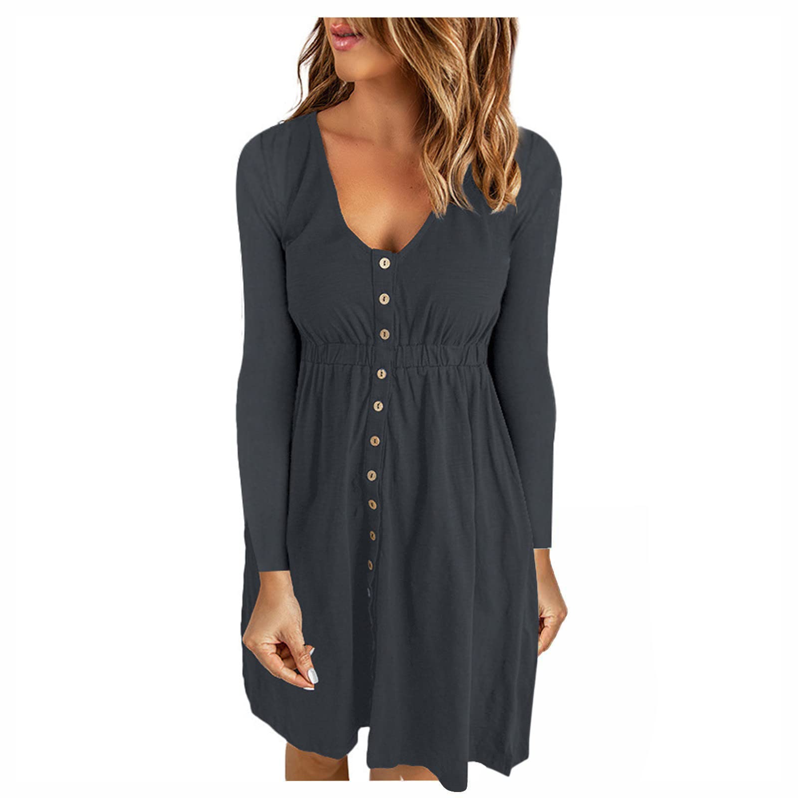 Women's Long Sleeve Button Down Mini Dress - Solid Color Casual Waist Dress for Work, Date & Fall Outfits | Crewneck Everyday Wear for Women