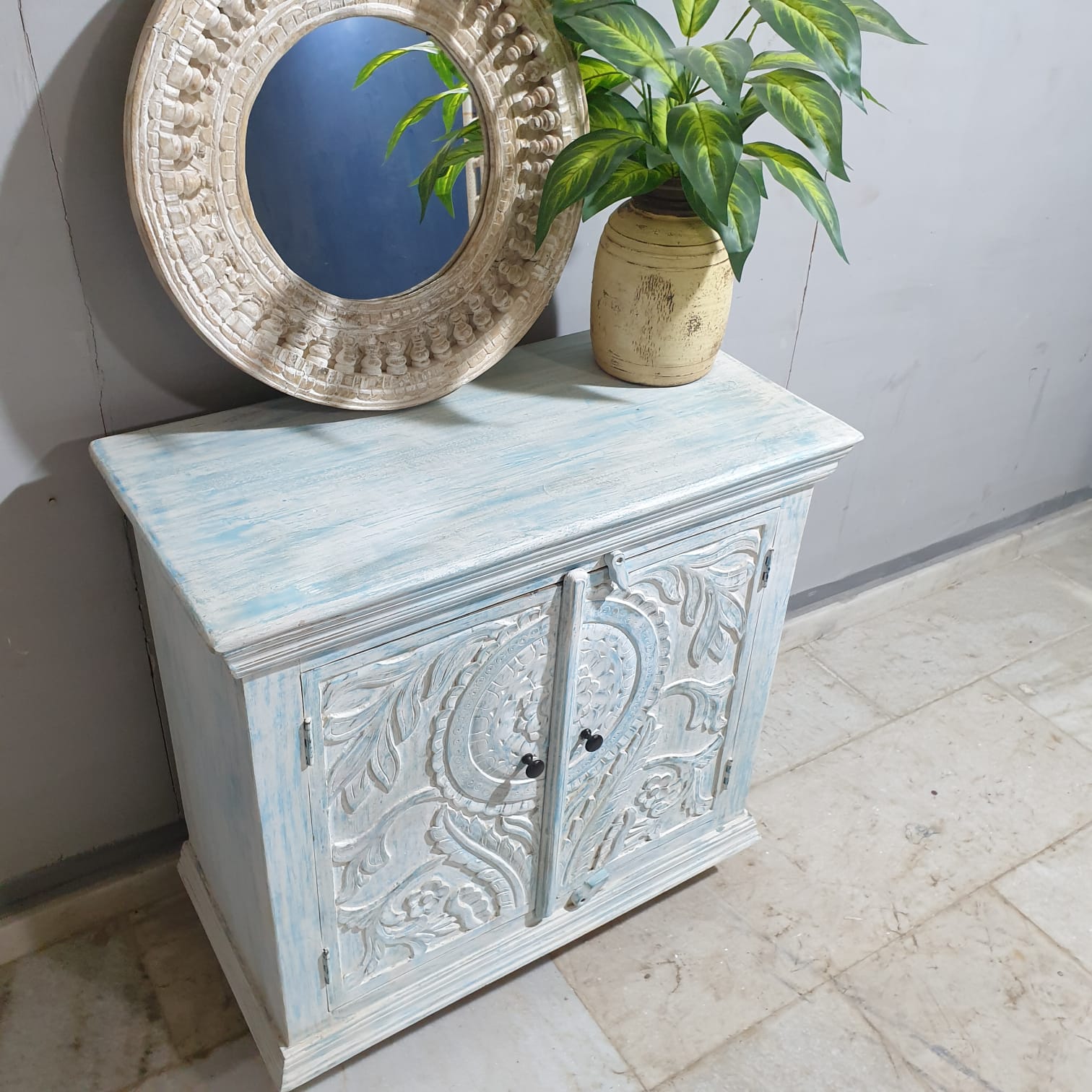 Handmade Carved Indian Solid Mango Wood Cabinet - 2 Door Bluewash Storage Furniture for Living Room, Bedroom & Entryway Decor