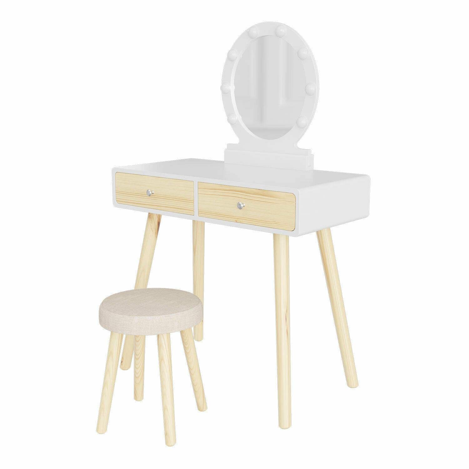 Fabr Vanity Makeup Dressing Table Set with Round Mirror, 8 LED Bulbs & 2 Drawers - Modern Bedroom Vanity Desk with Stool, Portable Makeup Station for Women | Perfect for Small Spaces, Dorm Rooms & Home Beauty Routines