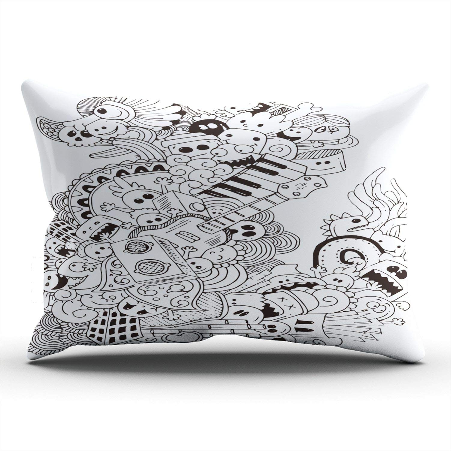 Monster & Music Cartoon Doodle Throw Pillow Cover - 12x24 Inch Decorative Lumbar Pillow Case with Hidden Zipper, Single-Sided Print | Perfect for Kids' Room, Dorm Decor & Sofa Cushion Covers