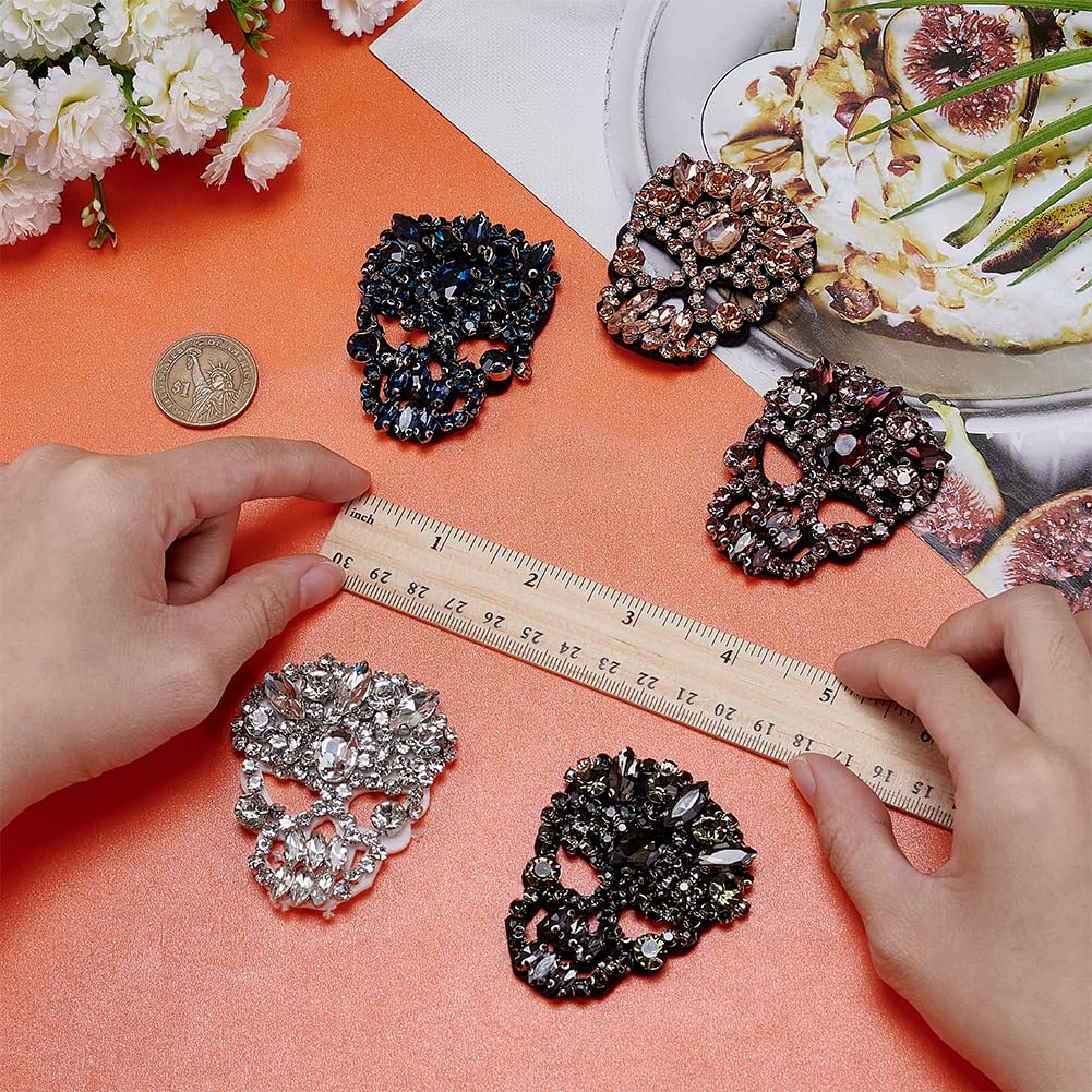 FINGERINSPIRE 5PCS Skull Glass Rhinestone Beaded Patches - 5 Colors, 2x2.4 Inch Sew-on Appliques for Clothes, Dresses, Hats & Jeans - DIY Handicraft Embellishments for Gothic Fashion, Costume Design & Punk Style Outfits