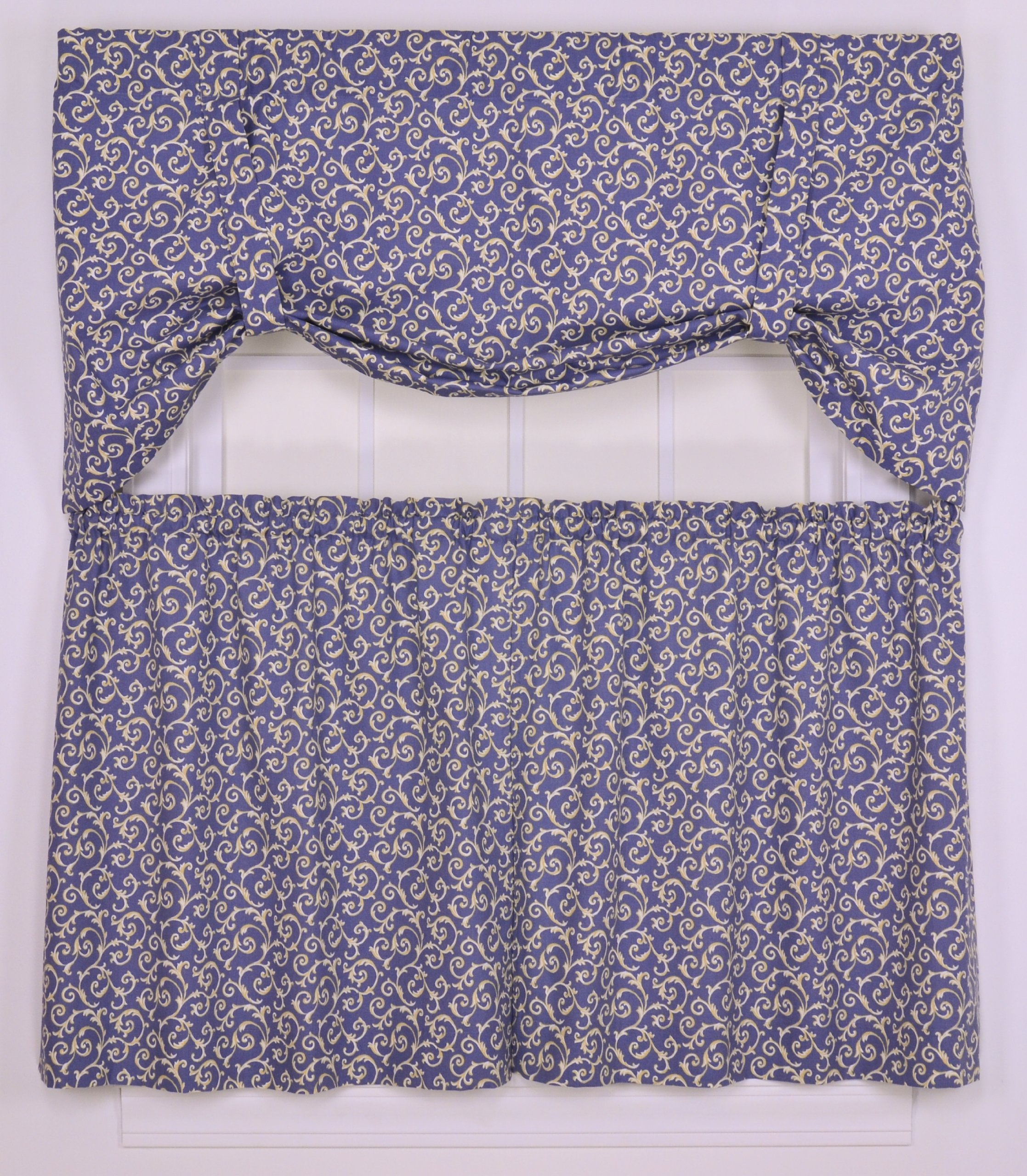 Tremblay Small Scale Scroll Tailored Tier Curtains - 68 x 24 Inches, Blue - Perfect for Kitchen Windows, French Doors & Small Spaces