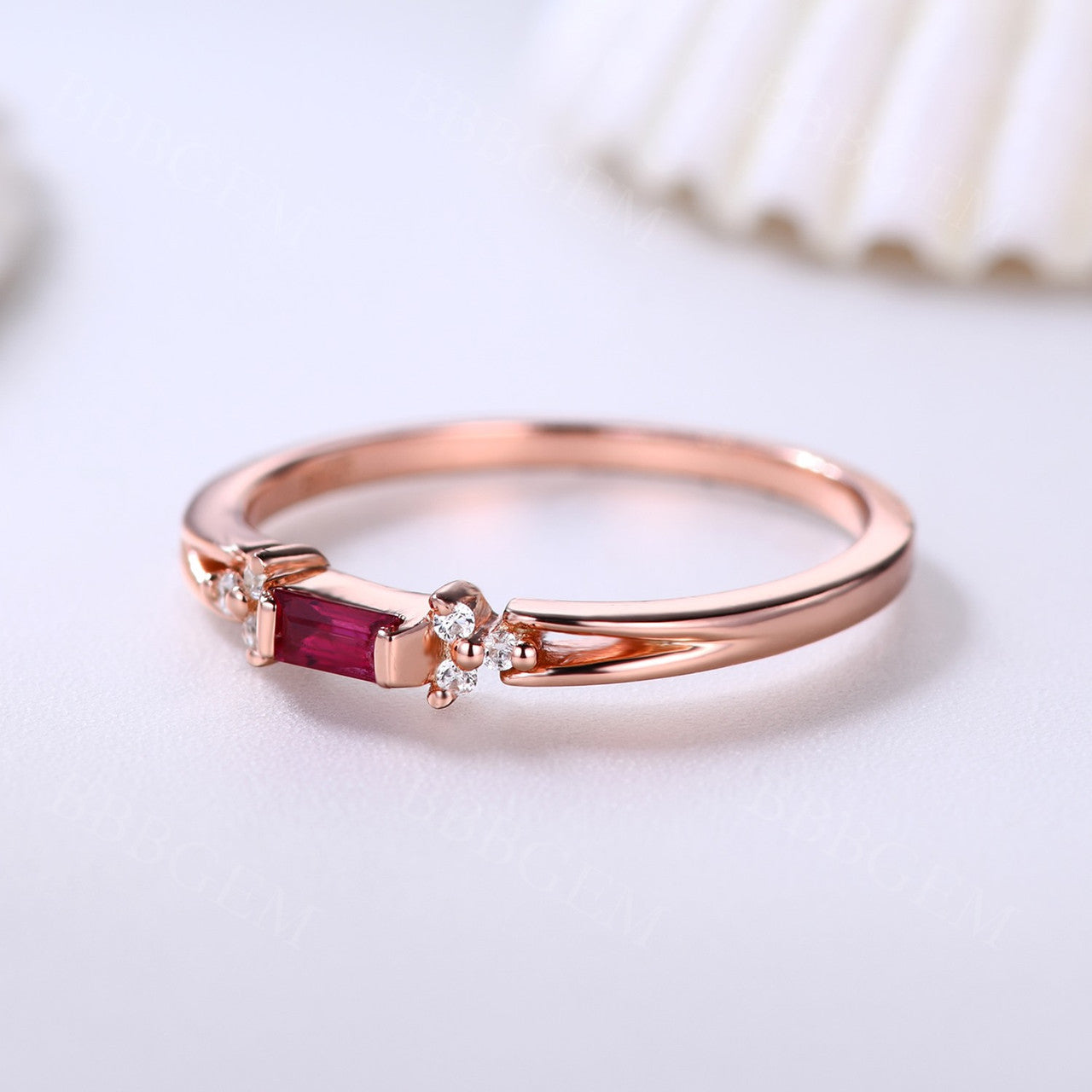 Rose Gold Engagement Ring with Baguette Ruby & Diamond Cluster - July Birthstone Wedding Band for Women, Antique Engraved Promise Ring, Split Shank Design | Perfect for Stacking, Anniversary Gifts & Bridal Jewelry