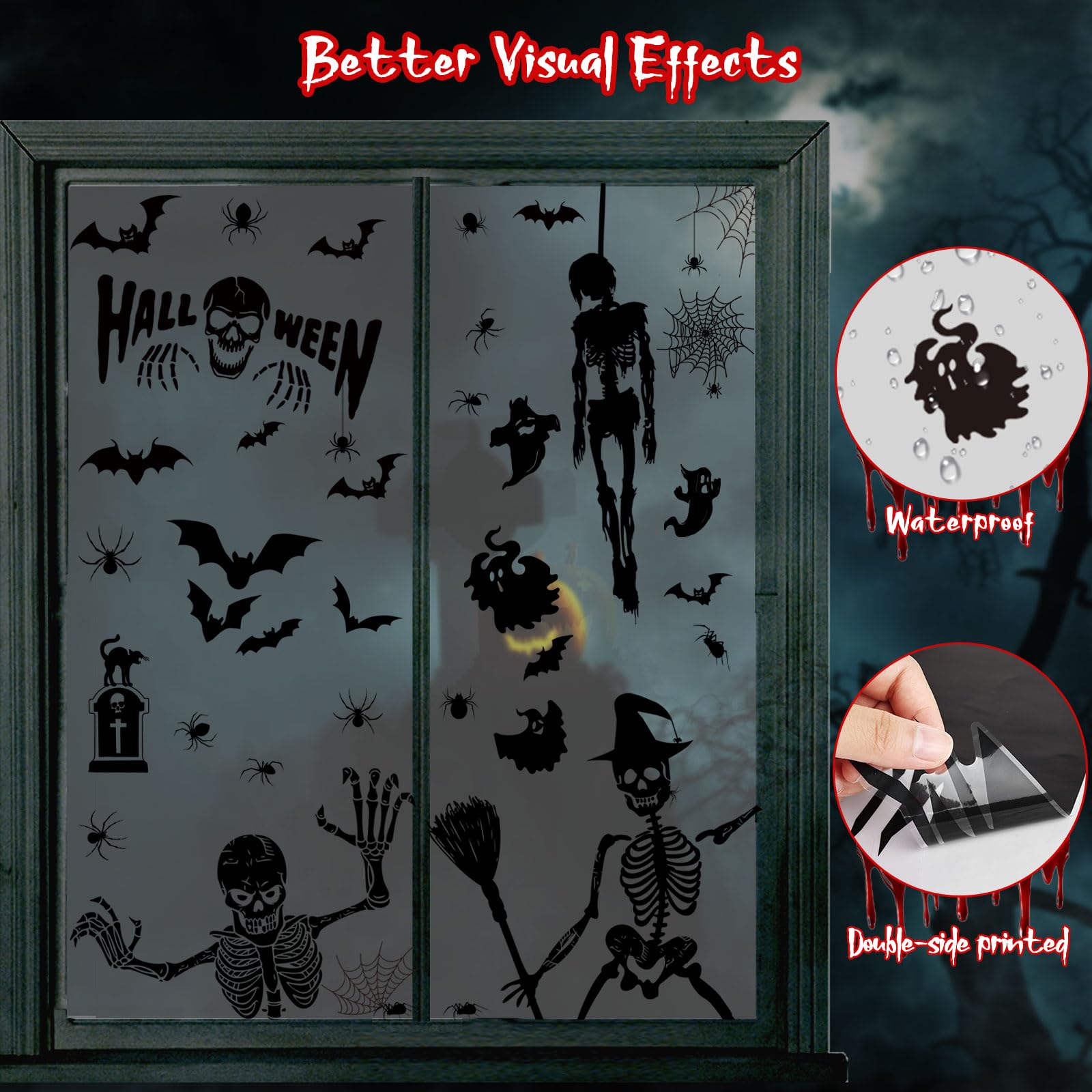 BBLIKE Halloween Window Stickers - 9 Sheets Spooky Bat & Skull Window Decals for Halloween Party Decorations - Perfect for Home, Office, and Classroom Halloween Decor