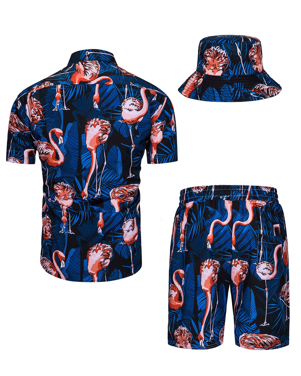 TUNEVUSE Men's Hawaiian Shirts and Shorts Set - 2 Piece Tropical Beach Outfit with Floral Print & Bucket Hat | Summer Vacation, Pool Party, Luau, Cruise Wear