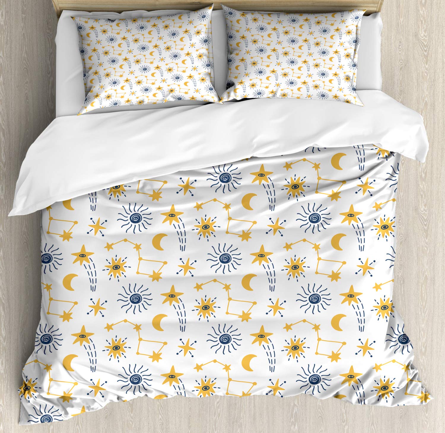 Ambesonne Scandinavian Style Cartoon Duvet Cover Set - Outer Space Theme with Stars, Comets & Planets - 3 Piece Bedding Set with 2 Pillow Shams - California King Size in Night Blue & Pale Orange - Perfect for Kids' Rooms, Space-Themed Bedrooms & Astronomy Lovers