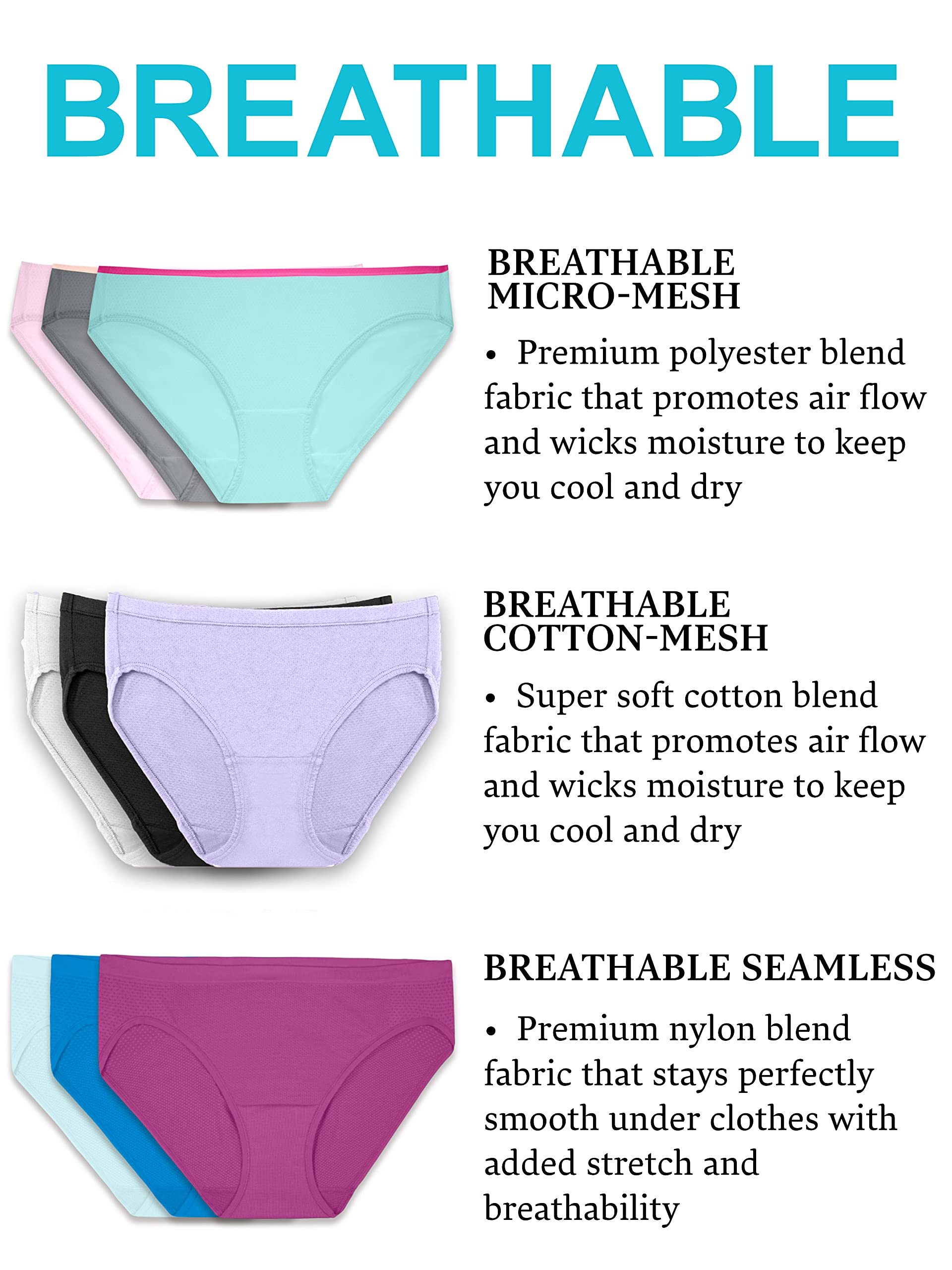 Fruit of the Loom Women's Breathable Seamless Underwear - Soft Comfortable Panties for Everyday Wear, Workout & Yoga - 5-Pack Cotton Underwear Set