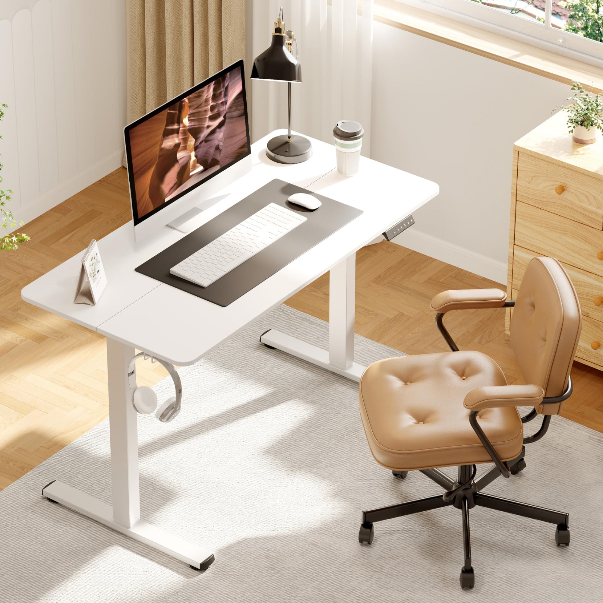 Adjustable Standing Desk 47x24 Inches - Electric Height Adjustable Sit Stand Desk with Memory Preset for Home Office, Ergonomic Computer Workstation (White) - Perfect for Remote Work, Gaming & Study Setup