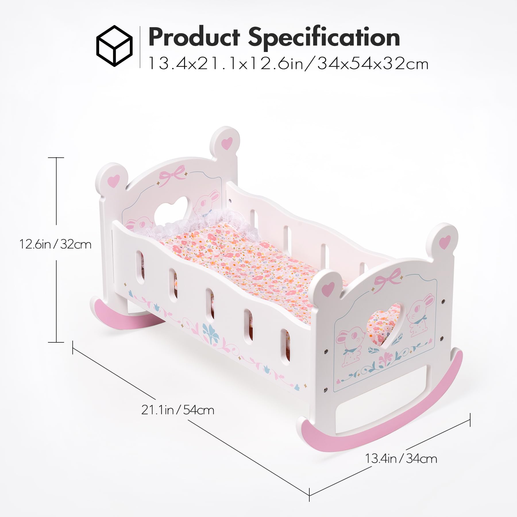ROBOTIME Wooden Baby Doll Crib with Pink Pad, Blanket & Pillow - 18-Inch Doll Bed Toy, Furniture Accessories Gift for Girls Ages 3+ | Perfect for Pretend Play, Nursery Decor & Role-Playing Games