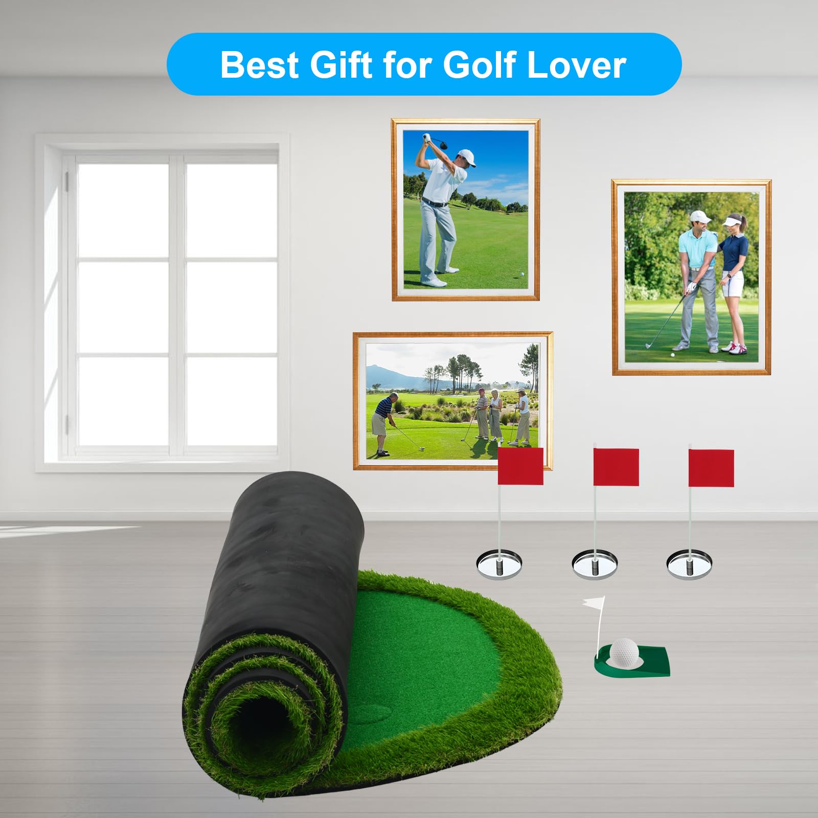 Premium Indoor/Outdoor Golf Putting Green Mat - 3 Holes with Challenge Cup & Flags - Practice Slope for Home Golf Simulators - Perfect for Backyard Training & Office Putting Practice