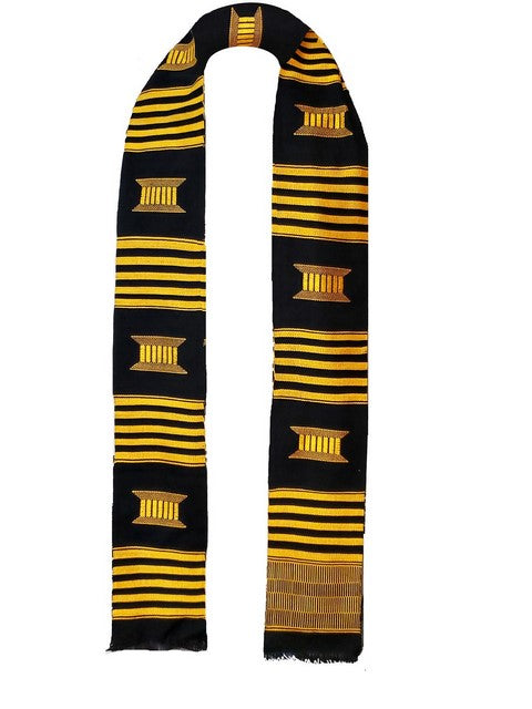 Black and Gold Handwoven Kente Sash Scarf DPS250 - Authentic African Kente Cloth Stole for Weddings, Graduations & Cultural Events