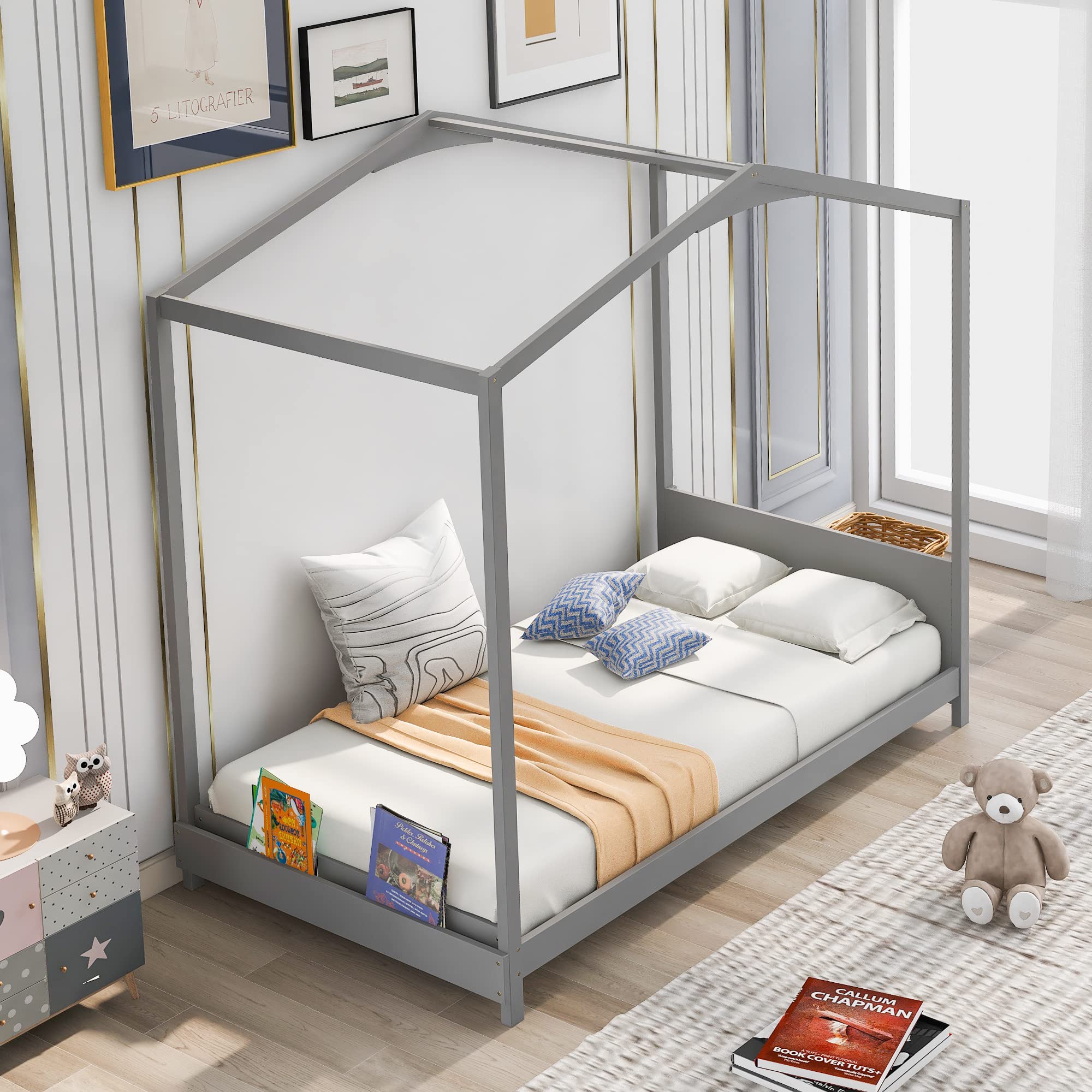 Kids Wooden House Bed Tent - Solid Wood Platform Bed with Headboard & Roof for Boys, Girls & Toddlers - Playful Grey Bedroom Decor for Kids' Room, Playroom or Nursery