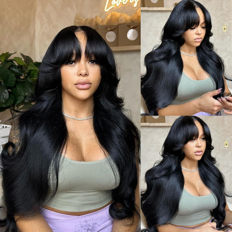 Eullair Pre-Cut Lace Human Hair Wig - TikTok Viral Layered Cut with Wavy Body Wave & Butterfly Curtain Bangs | Perfect for Cosplay, Daily Wear & Special Occasions