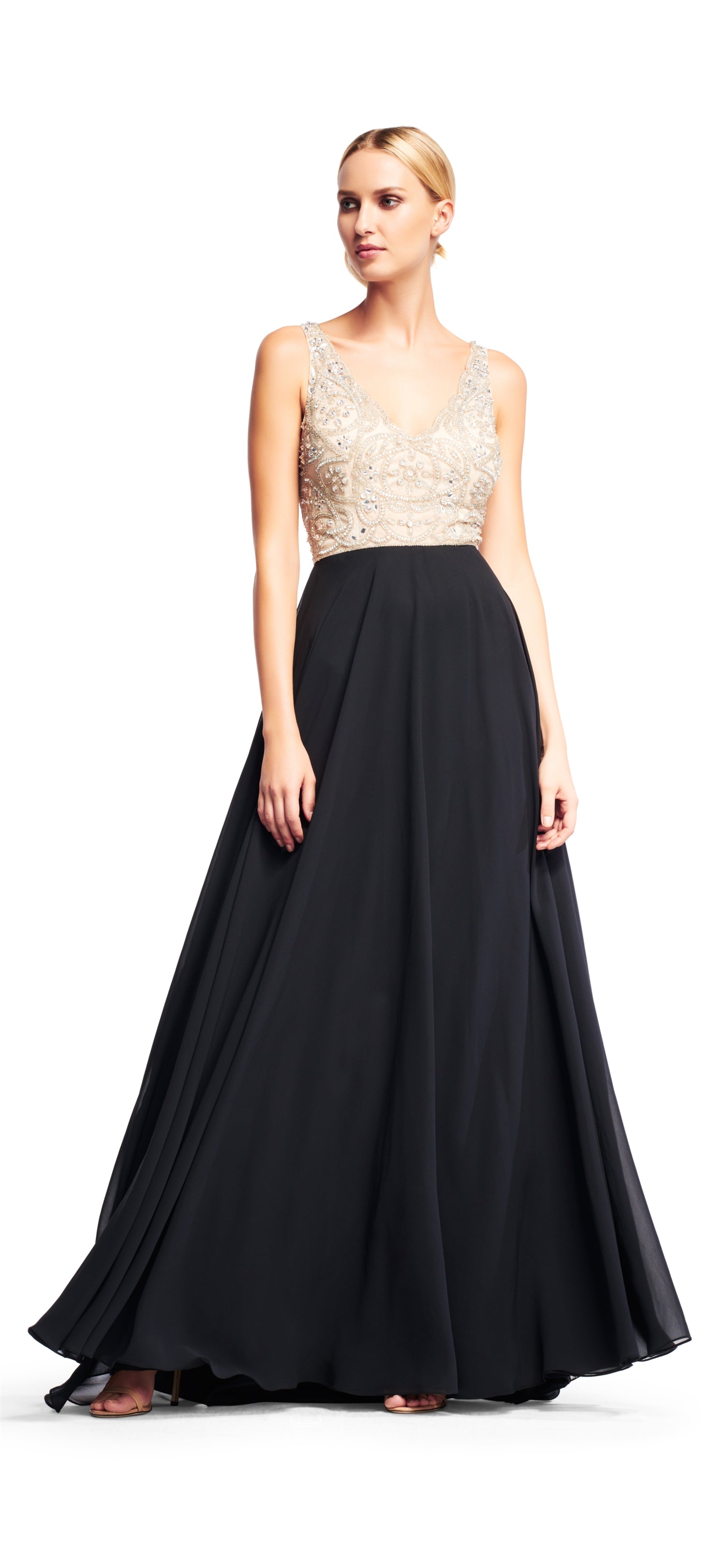 BHLDN Aidan Mattox Regina Gown - Elegant Champagne & Black Evening Dress for Weddings & Formal Events
