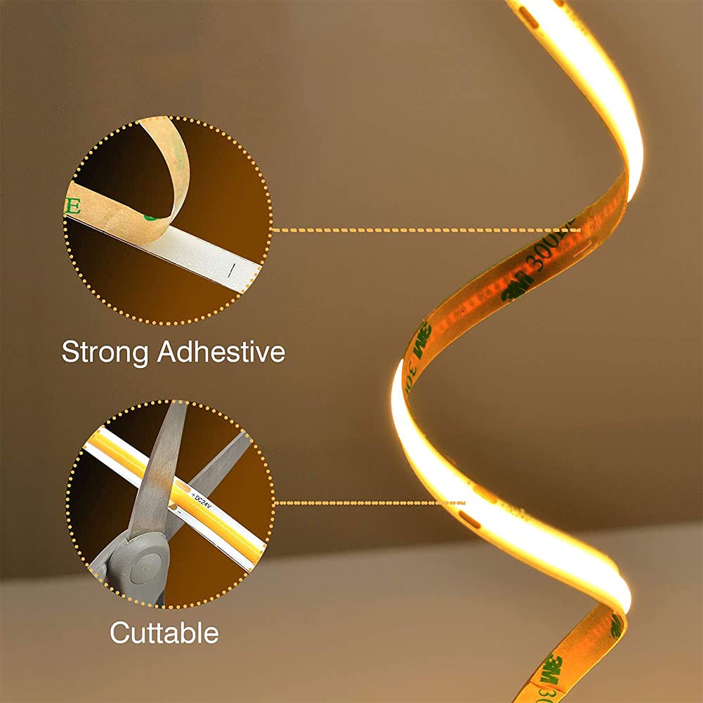 16.4ft/5m COB LED Strip Lights 6500K Daylight White - 1920 LEDs, 38400LM Super Bright, Dimmable, Non-Waterproof - Perfect for Home Decoration, Kitchen Lighting, and Commercial Spaces