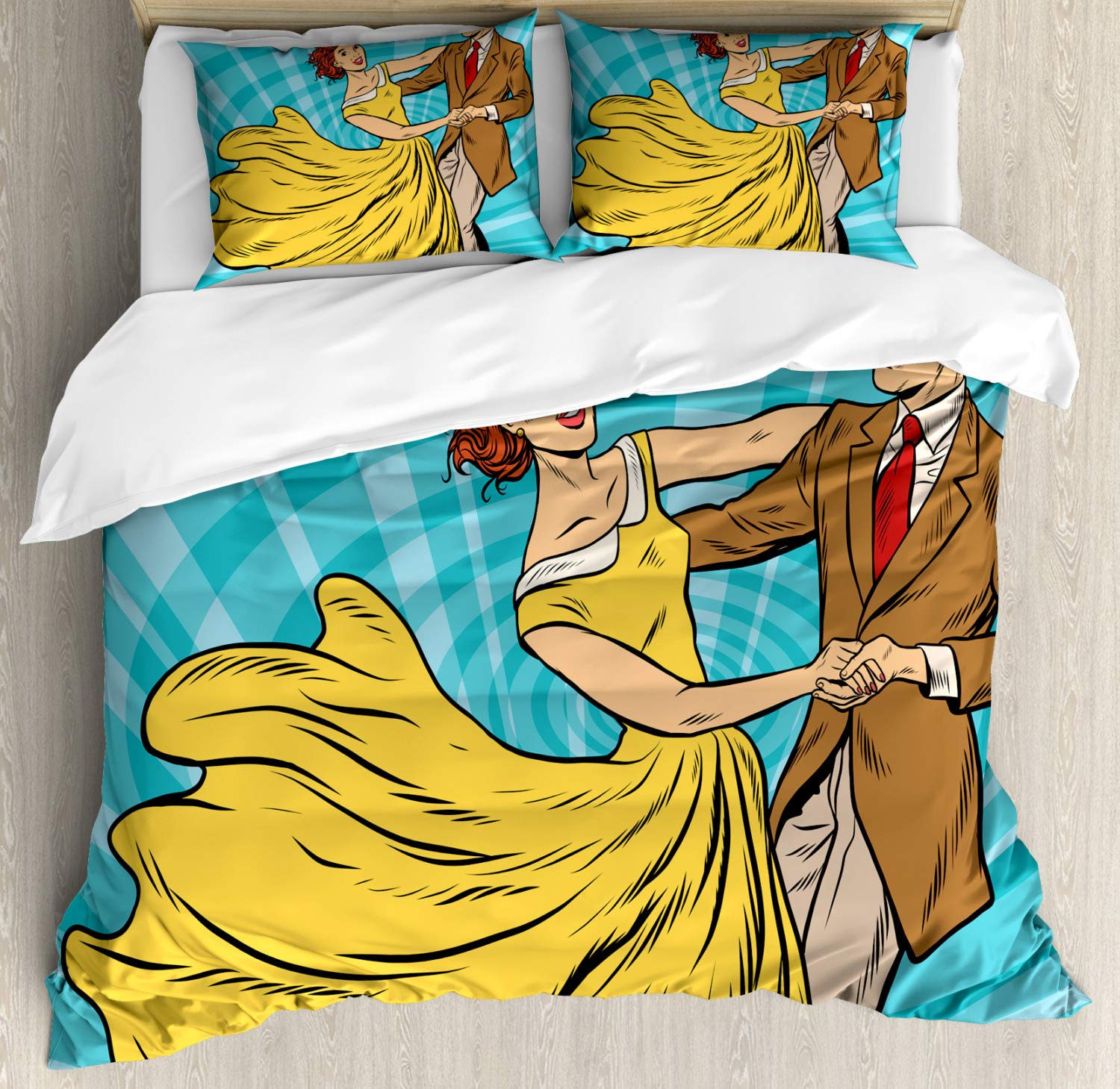 Ambesonne Vintage Comic Book Art Duvet Cover Set - King Size 3-Piece Bedding with 2 Pillow Shams, Romantic Dancing Couple Design on Blue Background | Perfect for Couples Bedroom, Guest Room & Comic Book Lovers Home Decor