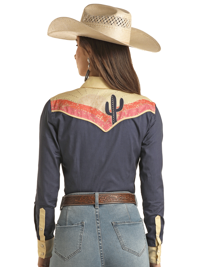 Panhandle LWN2S03459 Women's Cactus Sunset Print Long Sleeve Retro Western Shirt in Navy Blue - Perfect for Country Music Festivals & Boho Chic Outfits