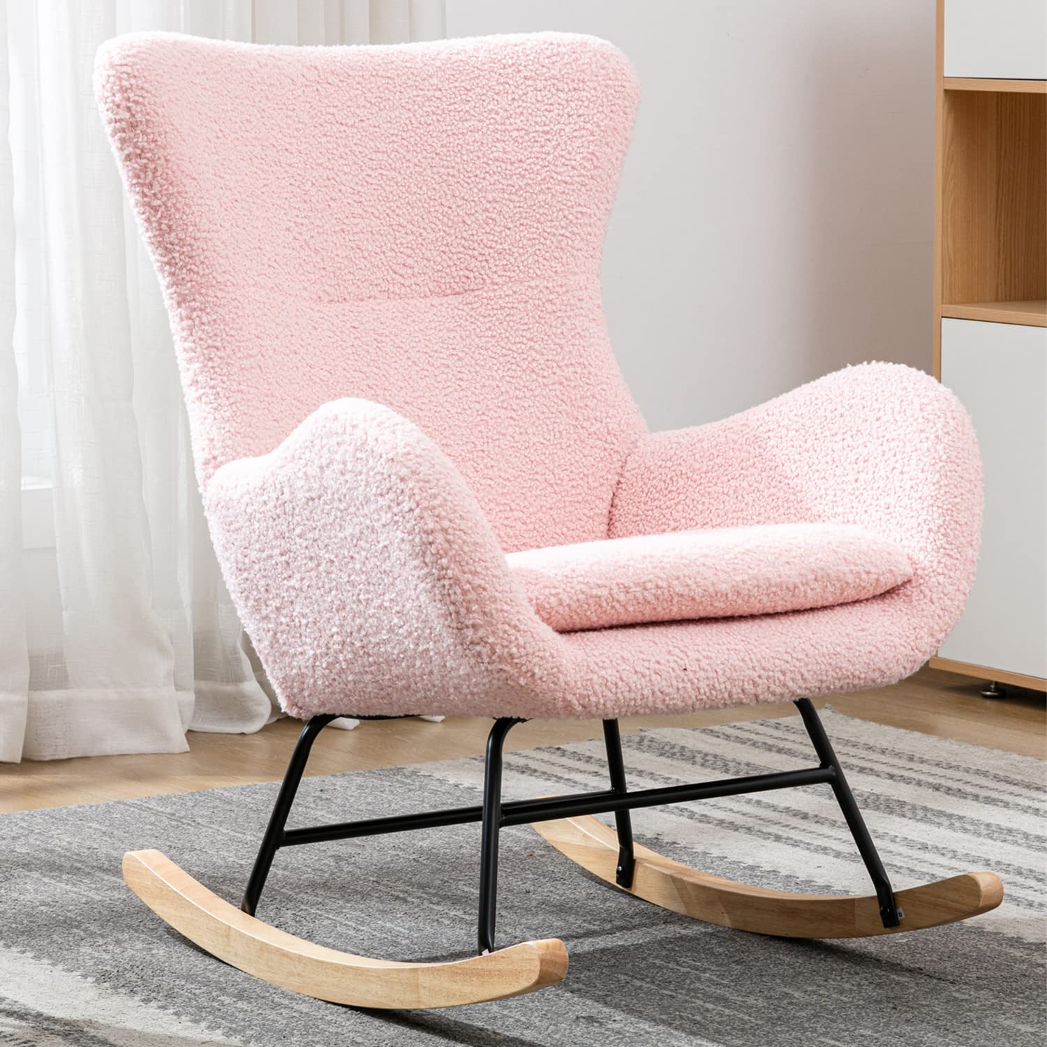 Comfy Upholstered Nursery Glider Rocker Chair with High Backrest & Armrests - Pink Small Rocking Chair for Living Room, Bedroom, Nursery & Baby Shower Gifts