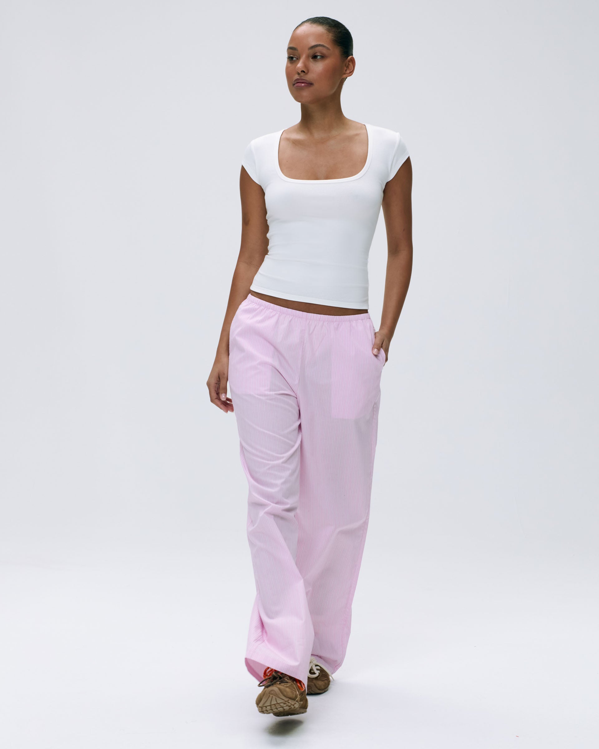 Women's Ribbed Short Sleeve Scoop Neck T-Shirt - Soft Stretchy White Casual Top for Everyday Wear, Work & Weekend Outfits