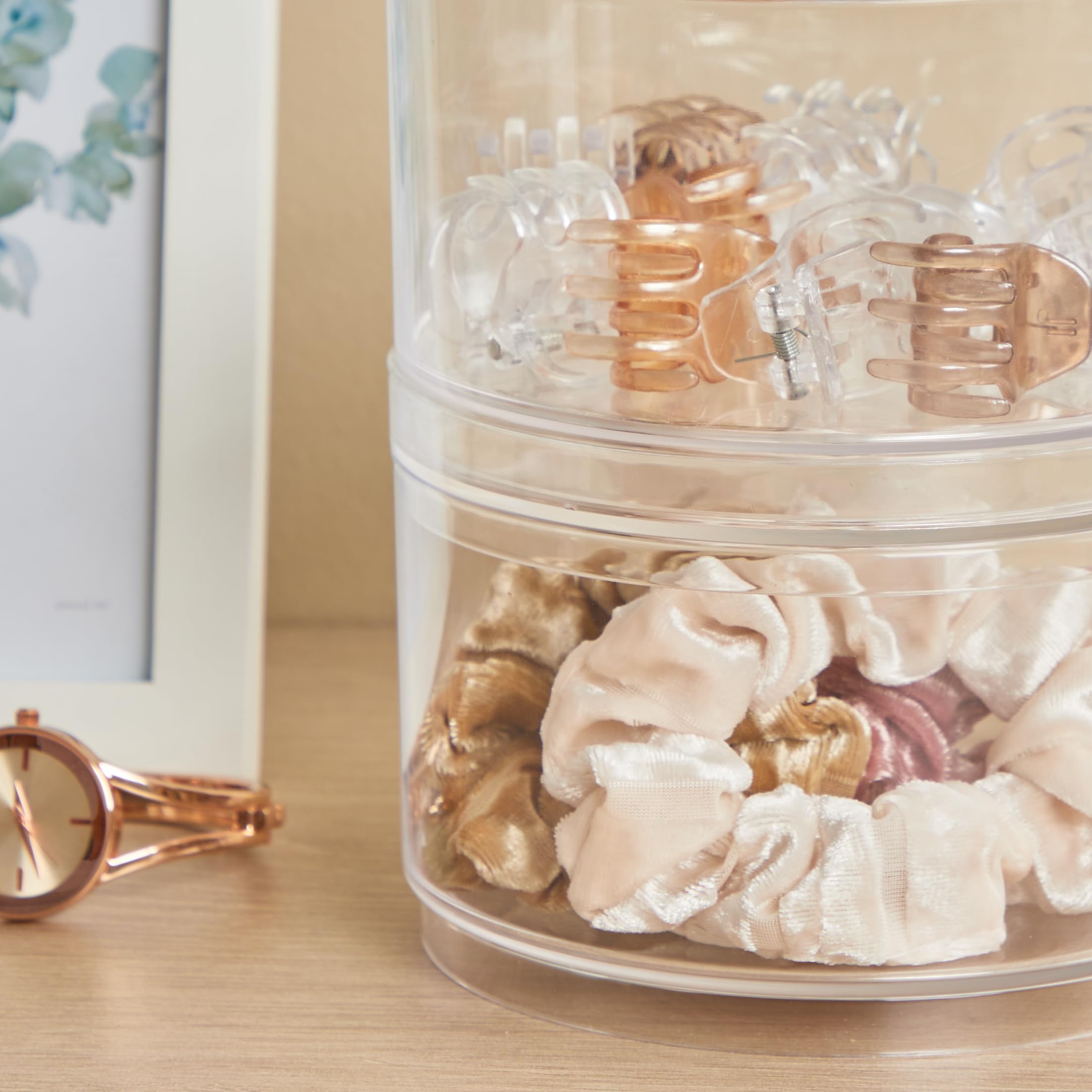 STORi Bella 3-Piece Stackable Clear Plastic Storage Containers with Lids | Round Vanity Organizer for Hair Accessories, Makeup & Beauty Supplies | Bathroom Countertop & Dresser Organization | Made in USA
