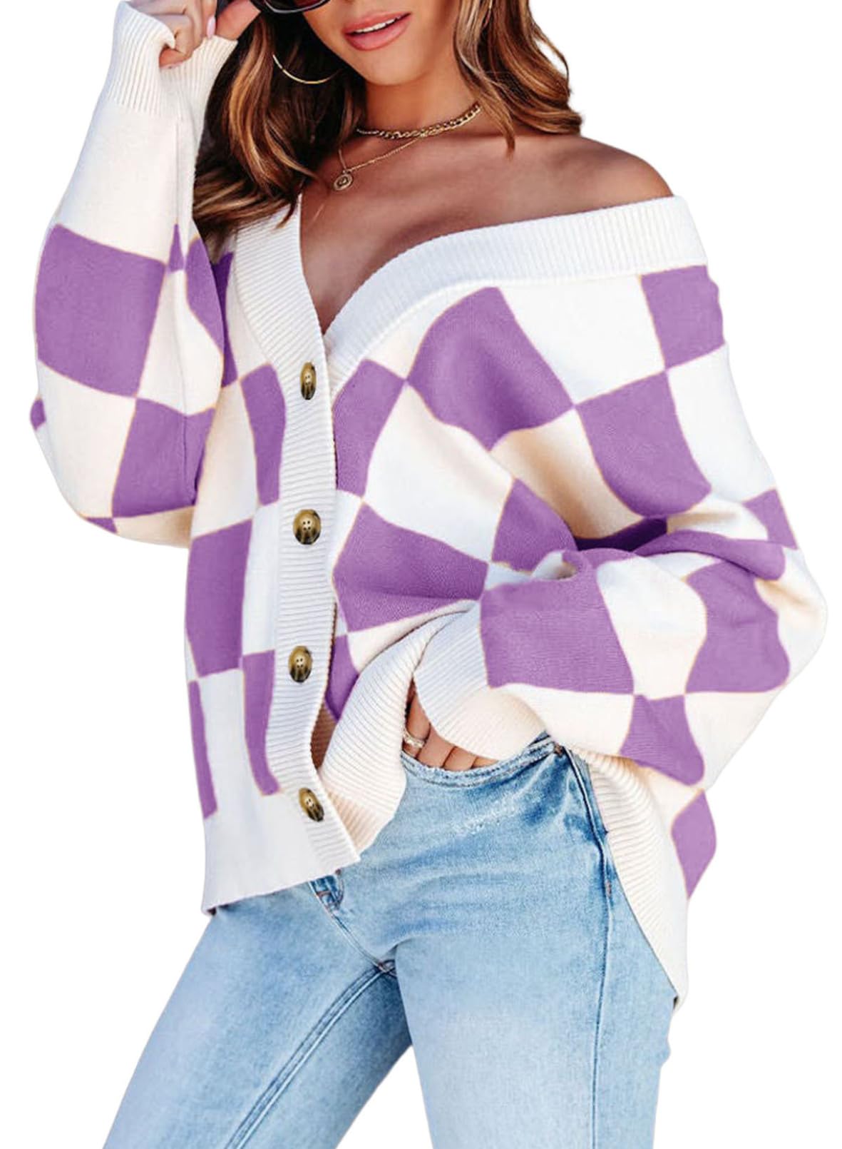 Dokotoo Women's Plaid V-Neck Button Down Long Sleeve Cable Knit Oversized Cardigan Sweater - Cozy Fall & Winter Fashion for Casual Outfits, Office Wear and Layering