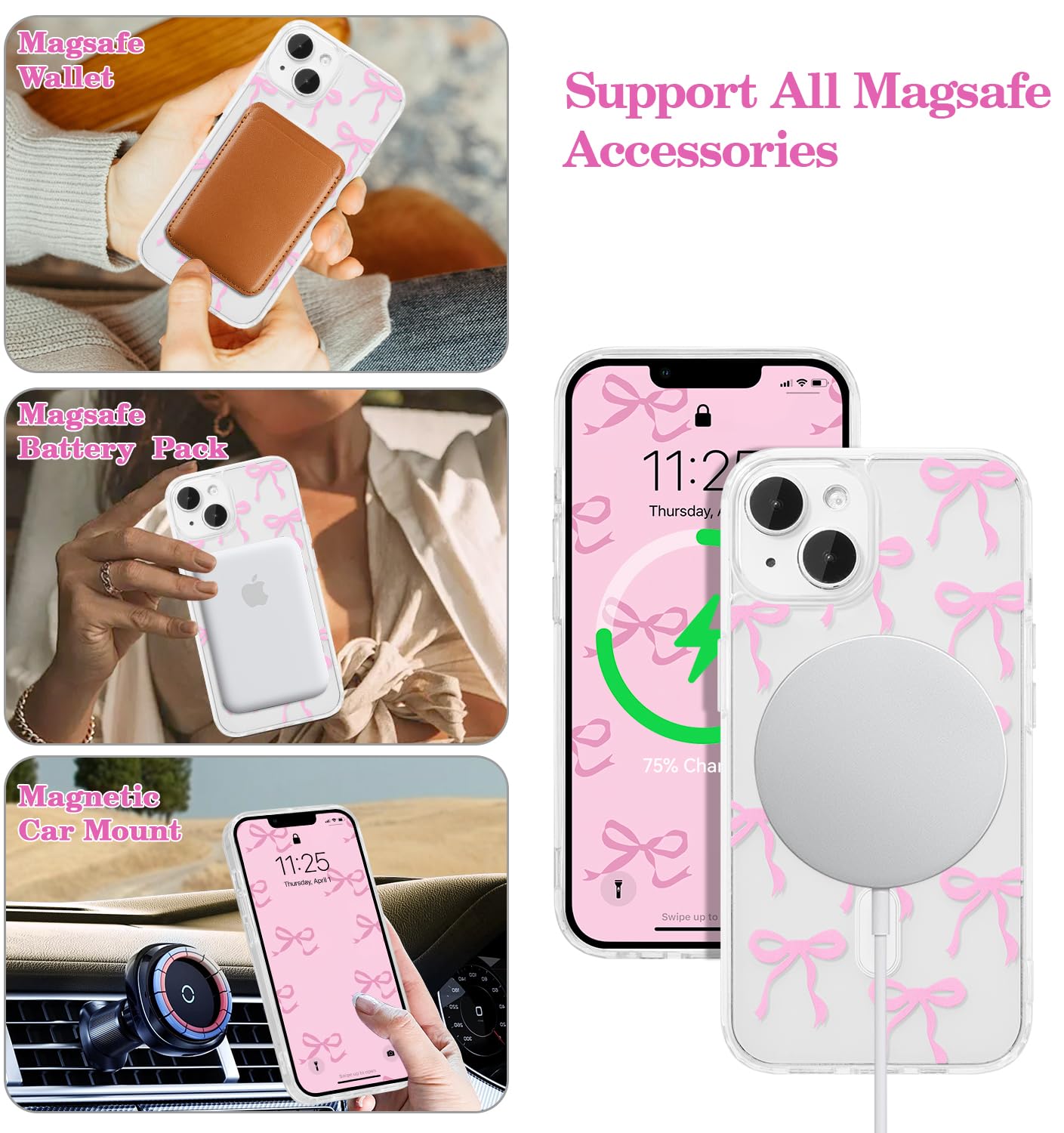 UEEBAI Magnetic Clear iPhone 14 Case & iPhone 13 Case - Slim Anti-Yellowing Shockproof Phone Cover with Bow Design | Compatible with MagSafe Wireless Charging | Perfect Protective Case for Women & Girls (Pink) | Great for Everyday Use, Work, School & Travel