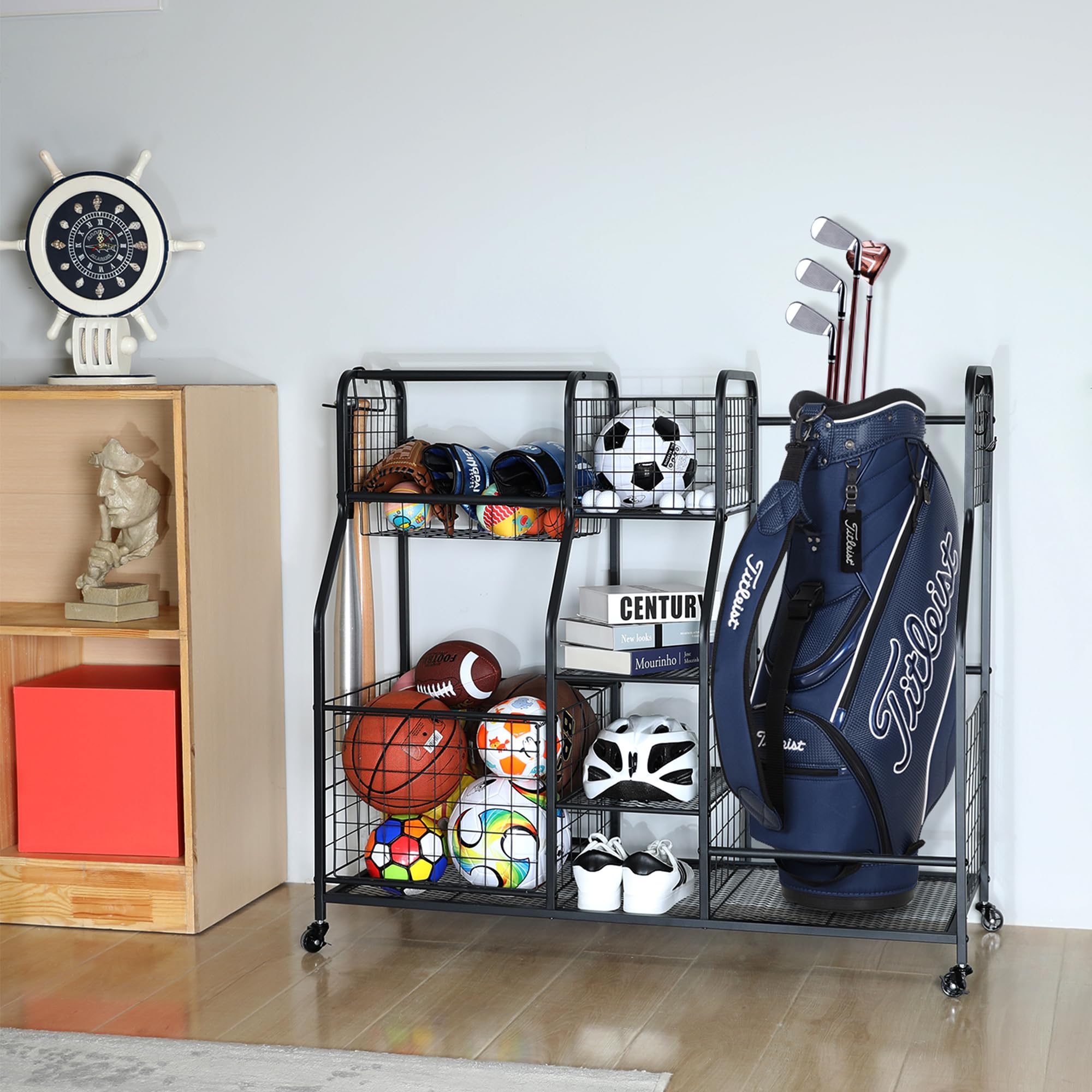 Garage Sports Equipment Organizer with Baskets & Hooks - 2 Golf Bag Holder, Outdoor Toy Storage & Ball Organizer for Garage - Perfect for Golf Clubs, Bikes, and Kids' Sports Gear Storage