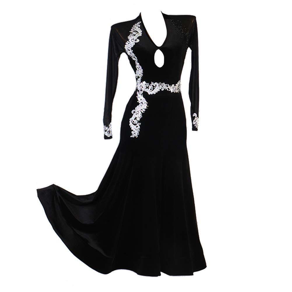 NAKOKOU Black Applique Ballroom Dance Dress for Competition & Performance | Elegant Latin Salsa Tango Costume for Women