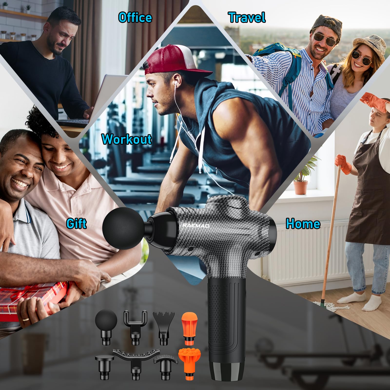 RAEMAO Deep Tissue Massage Gun for Athletes - Handheld Electric Percussion Muscle Massager with 10 Speed Levels & 8 Interchangeable Heads - Relieves Muscle Pain, Soreness & Tension - Perfect for Post-Workout Recovery, Physical Therapy & Home Relaxation