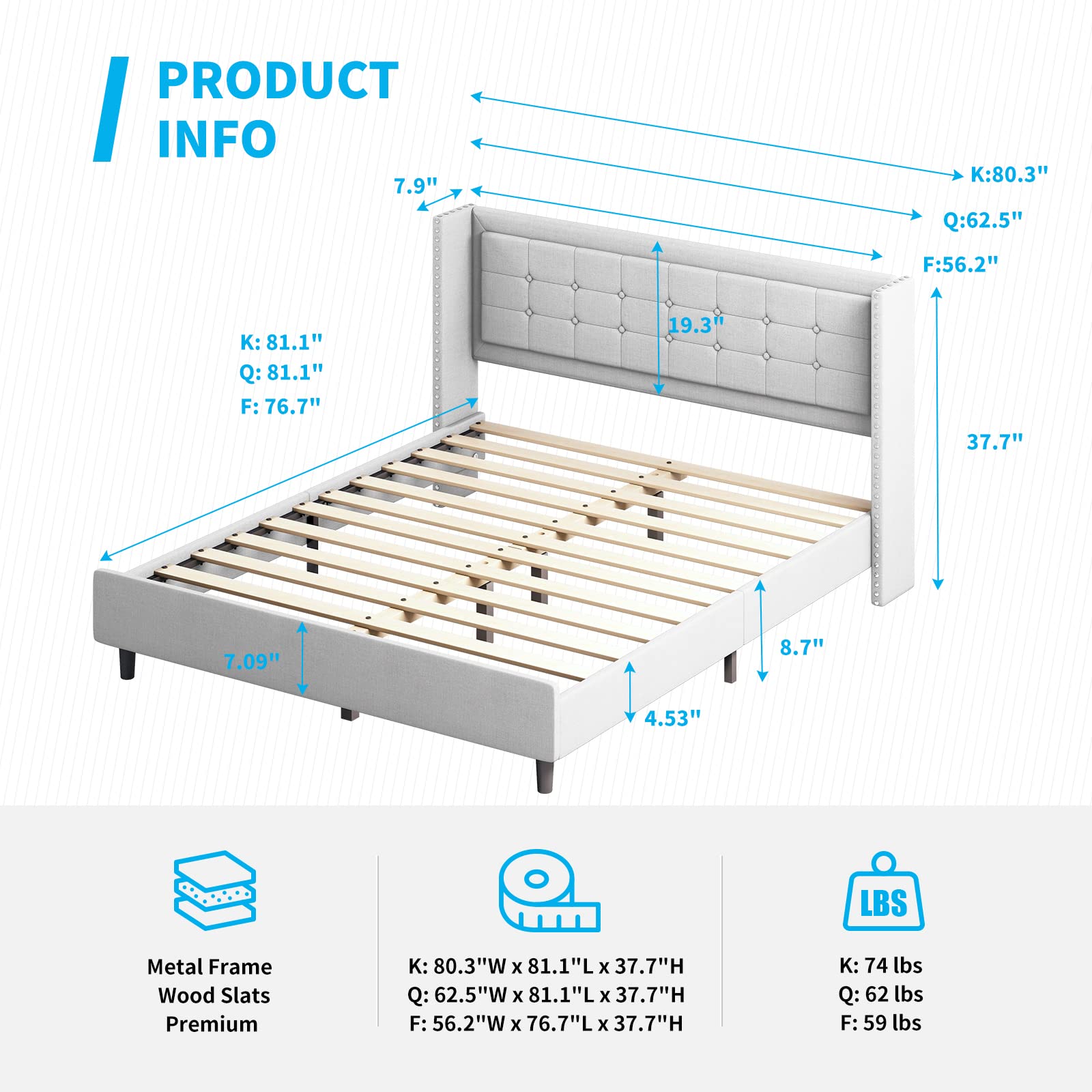 MJkone King Size Platform Bed Frame with Wingback Headboard - Modern Upholstered Bed with Tufted Buttons, No Box Spring Needed, Easy Assembly (King, Light Grey) - Perfect for Master Bedroom, Guest Room & Modern Home Decor