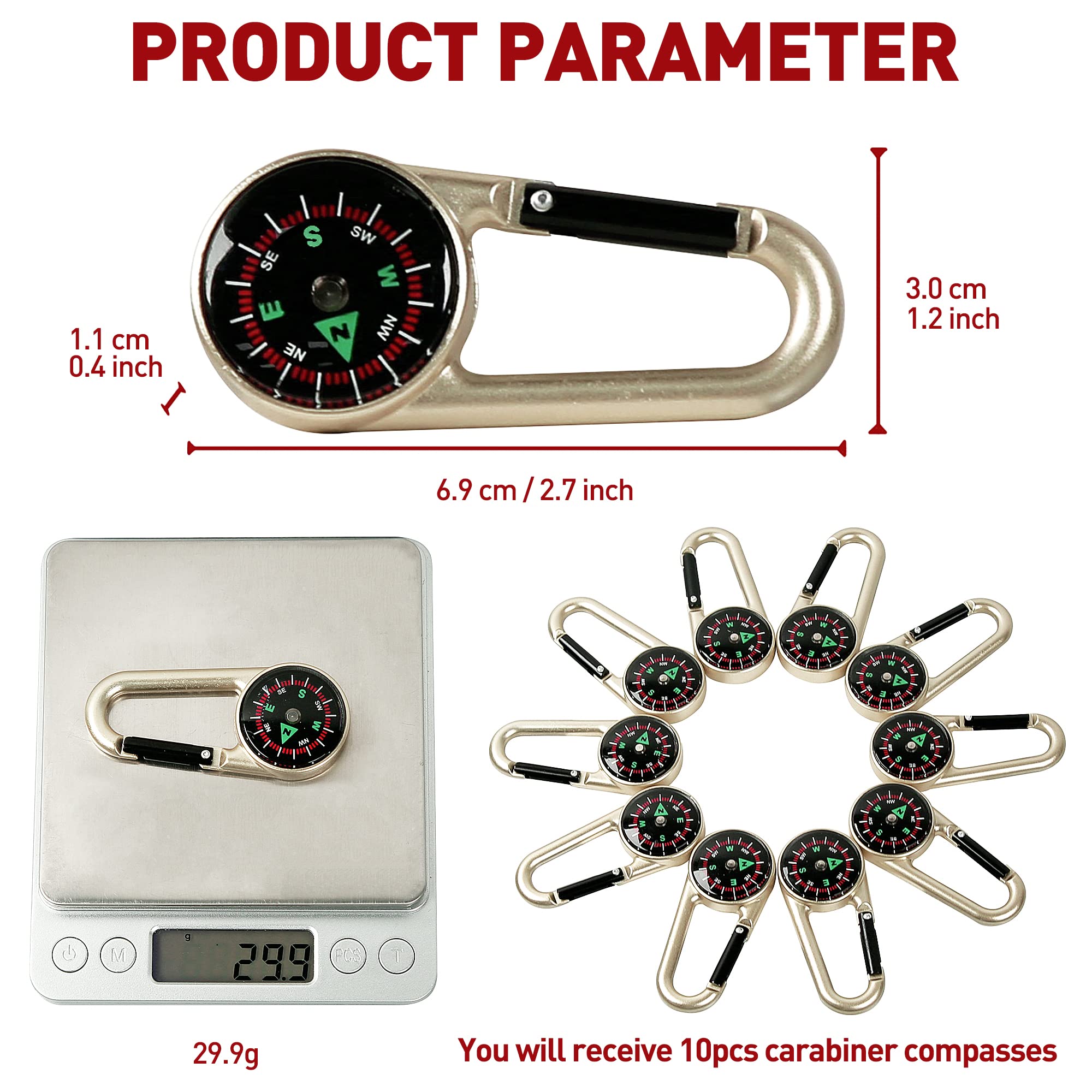 **PROLOSO 10-Pack Liquid Filled Carabiner Compass - Outdoor Adventure Gear, Kids Party Favors, Keychain & Belt Clip Accessories - Perfect for Hiking, Camping, and School Prizes**