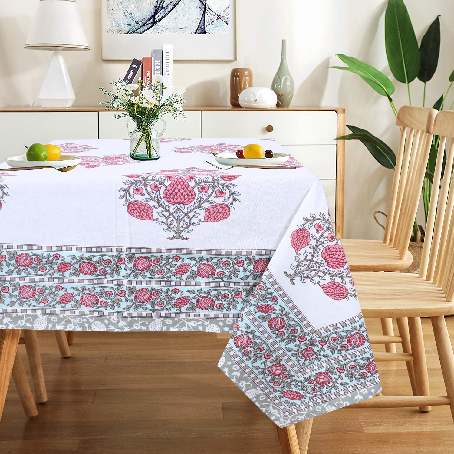 URBANO HOMZ 6 Seater Rectangular Cotton Table Cloth, 145cm x 220cm, Floral Red and Teal Design, Perfect for Dining Tables, Parties, and Outdoor Gatherings