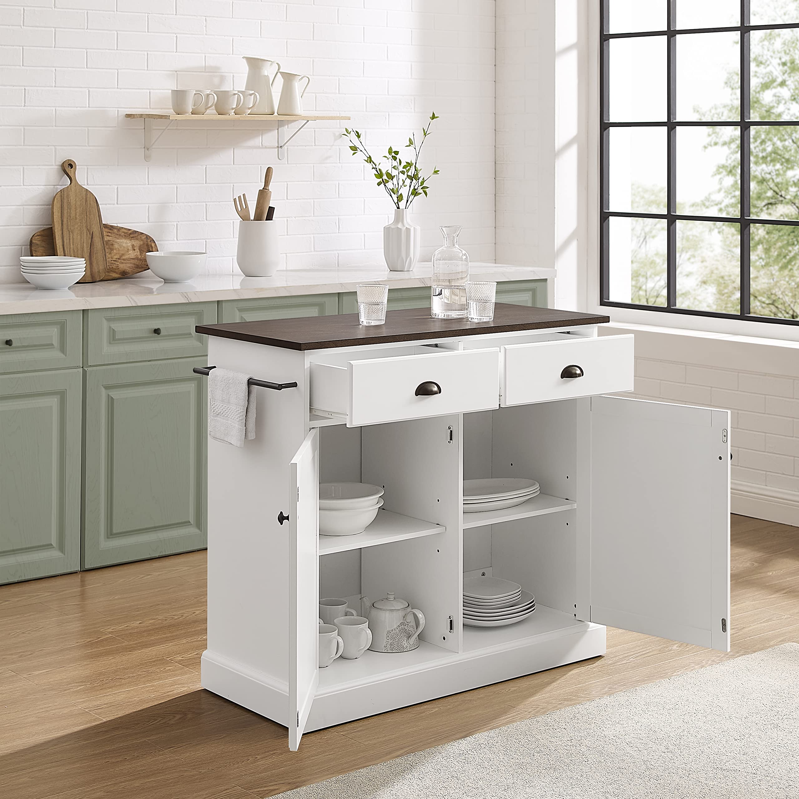 Crosley Shoreline White Kitchen Island with Shelves & Drawers - Microwave Stand, Coffee Bar Station for Small Spaces - Perfect for Apartments, Condos & Compact Kitchens