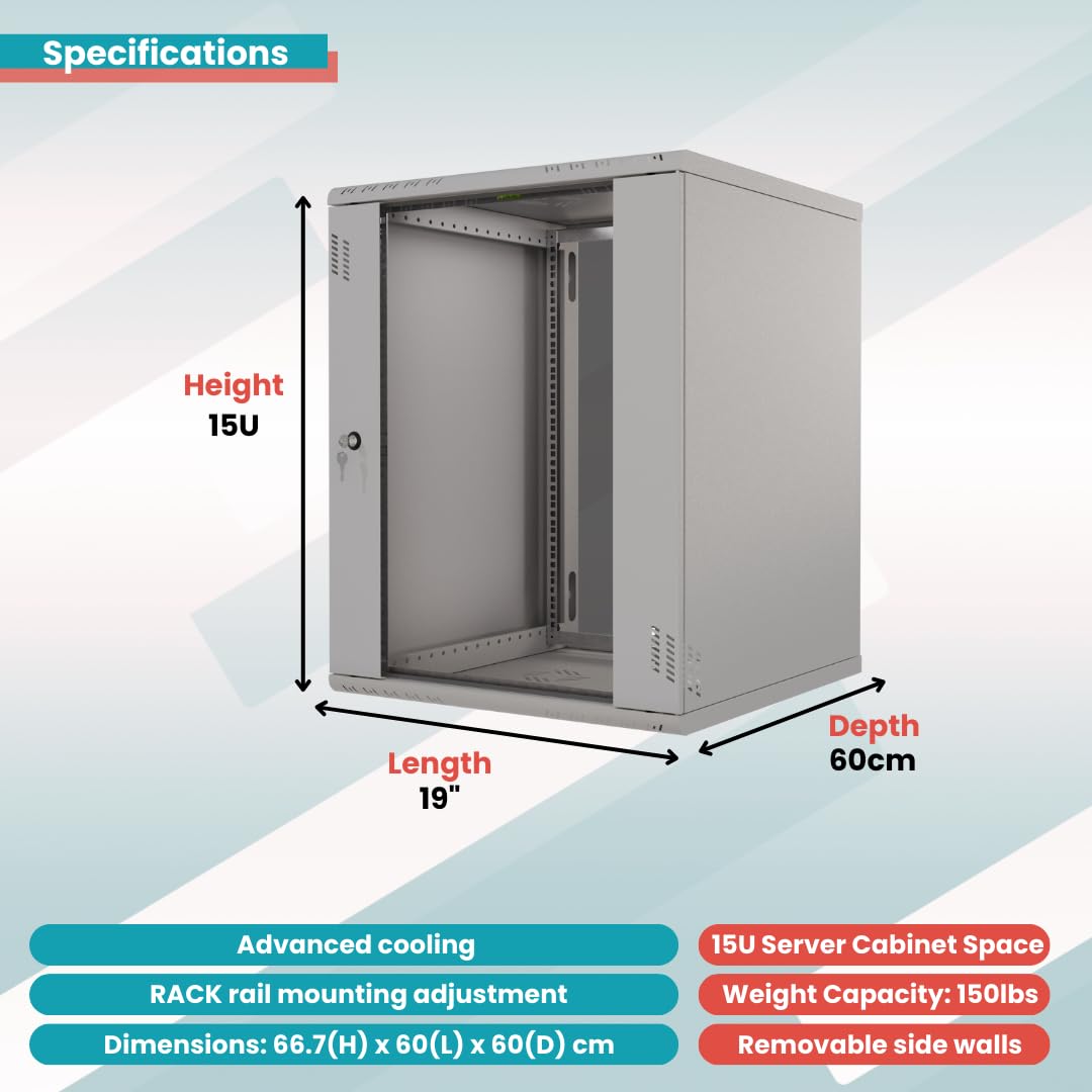 Stalflex 19 Inch 15U 600mm Heavy Duty Steel Server Rack Cabinet - Network Equipment Rack with Adjustable Rails & Shelves - Perfect for Data Centers, Server Rooms & Home Office Network Setup