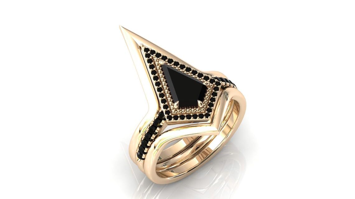 Vintage 1.5 CT Kite Shaped Black Onyx Engagement Ring Set - Art Deco Wedding Band & Anniversary Promise Ring - Antique Style Bridal Jewelry for Women - Perfect for Vintage Weddings, Proposals & Special Occasions