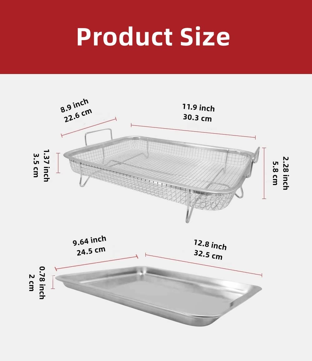 Stainless Steel Air Fryer Basket Set for Oven - Non-Stick Crisper Tray, Pan Tray & Grease Catcher | Even Heat Distribution for Healthy Cooking | Perfect for Fries, Bacon, Chicken Wings & Vegetables | Oven & Air Fryer Accessories