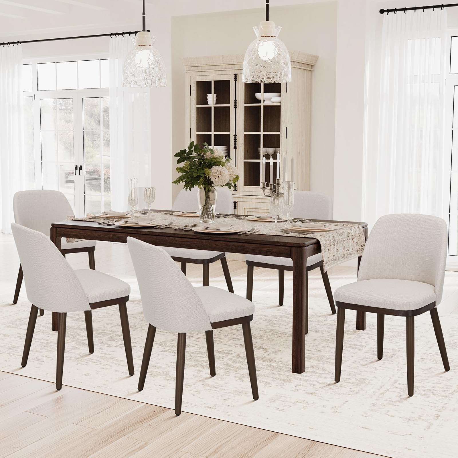COLAMY Upholstered Dining Chairs Set of 4 - Modern Fabric Kitchen Chairs with Wooden Legs & Back Support for Dining Room, Restaurant or Home - Beige - Perfect for Family Meals, Dinner Parties & Restaurant Seating