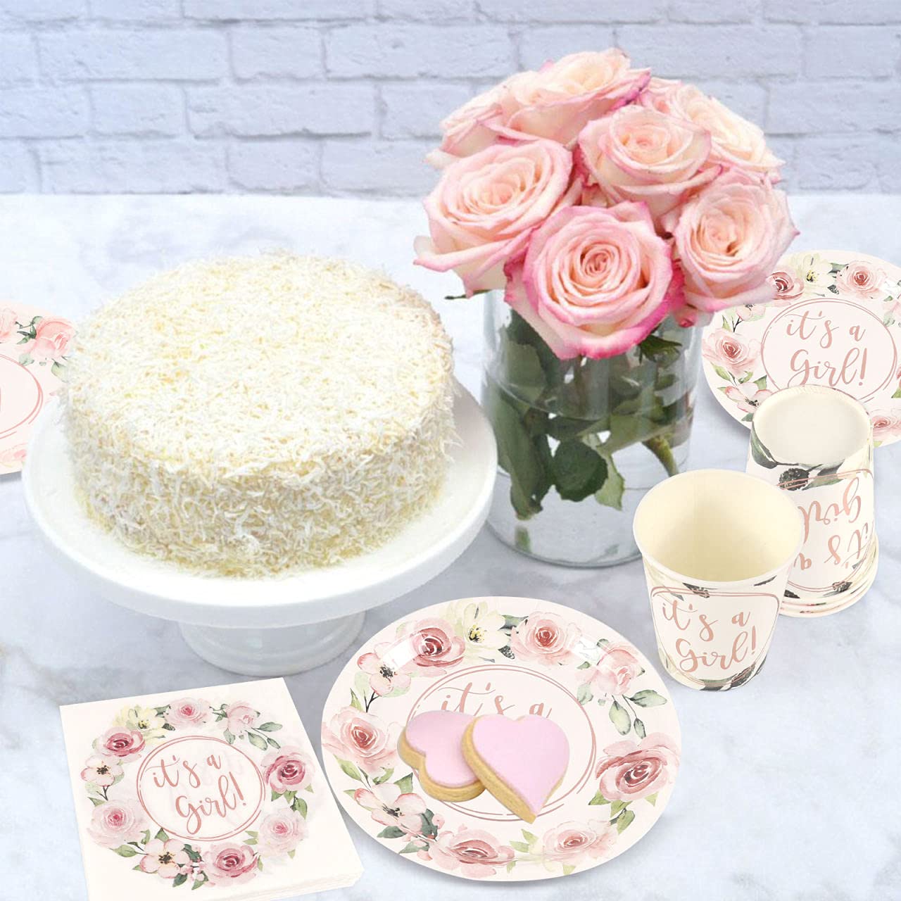 Rose Gold Foil 'It's a Girl' Party Plates Set - 24 Dinner Plates, Dessert Plates, 9oz Cups, Gold Straws & Napkins for Baby Shower & Birthday Decorations | Perfect for Gender Reveal, Bridal Showers & Celebration Parties